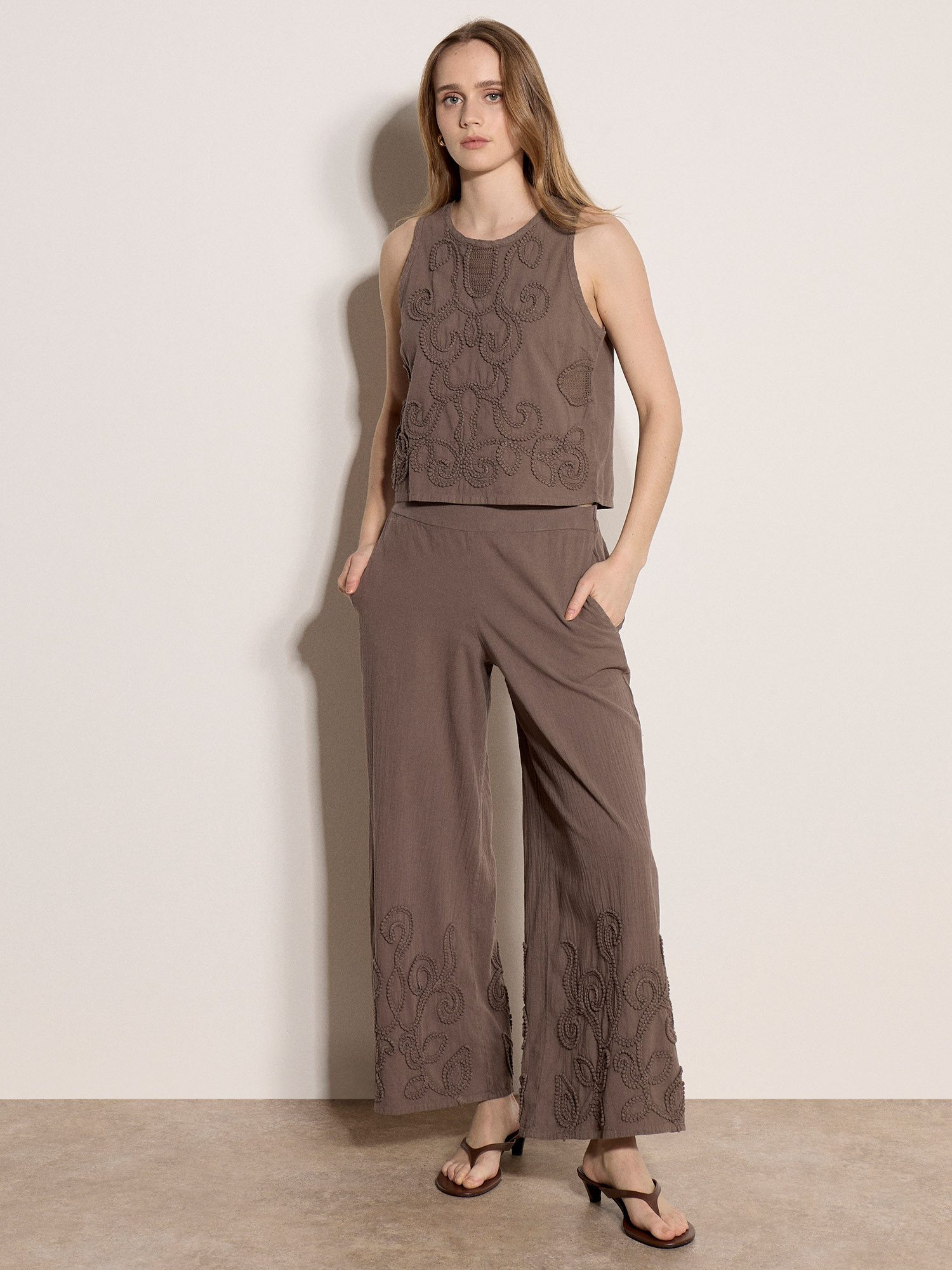 Apricot Spitzentop Besticktes Baumwoll-Oberteil mit Stickerei – Bild 2 von 5