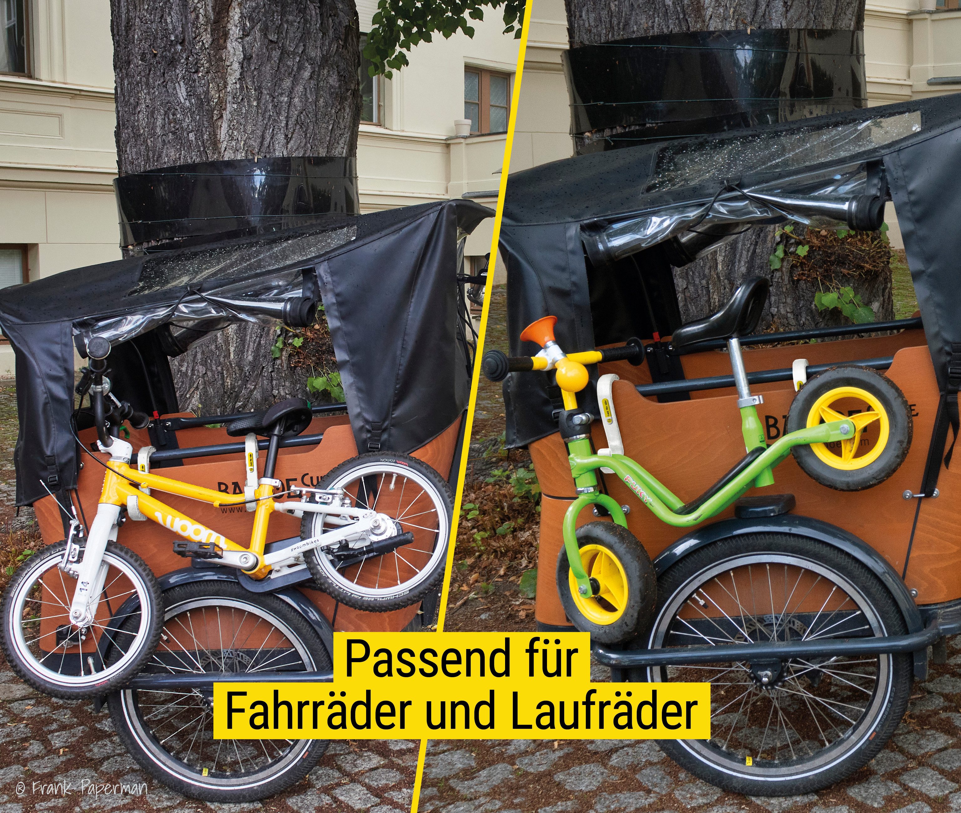 Frank Paperman bicycle cargo trailer, child bicycle holder, cargo bike transport hook for Babboe, Bakfiets, Muli, cargo bike balance bike holder