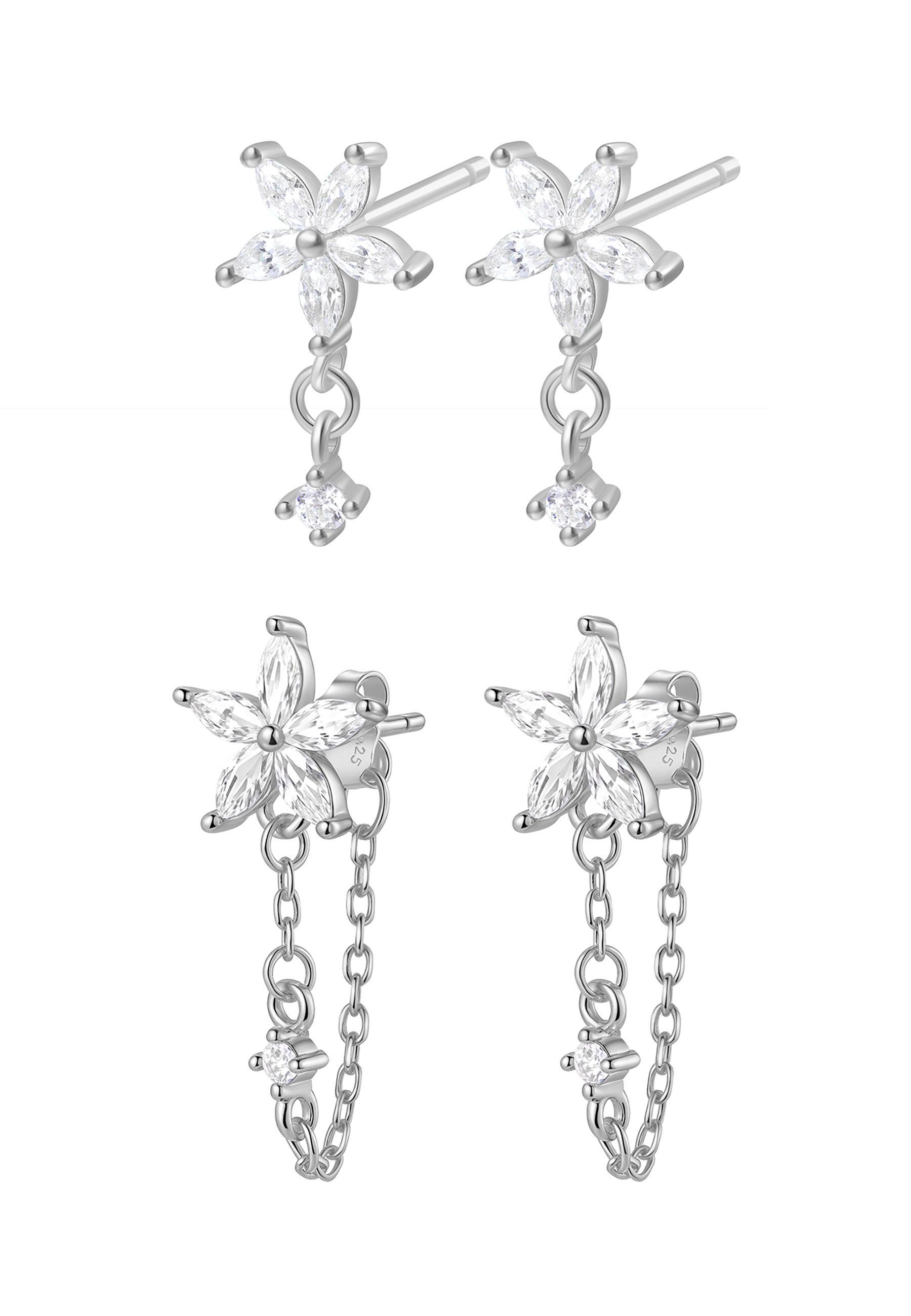 Hey Happiness Ohrhänger-Set Blütenzauber, 4er Set Ohrringe mit Kettchen & Kristall, Filigrane 925 Sterling Silber Ohrringe Damen mit Blumen Design