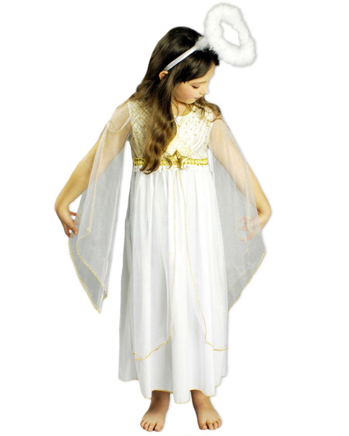 Funny Fashion Engel-Kostüm Kinder Engelskostüm 'Lucia' mit Sternen, Weiß Gol