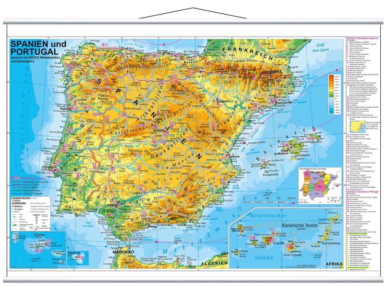 Spanien und Portugal physisch. Wandkarte / Heinrich Stiefel