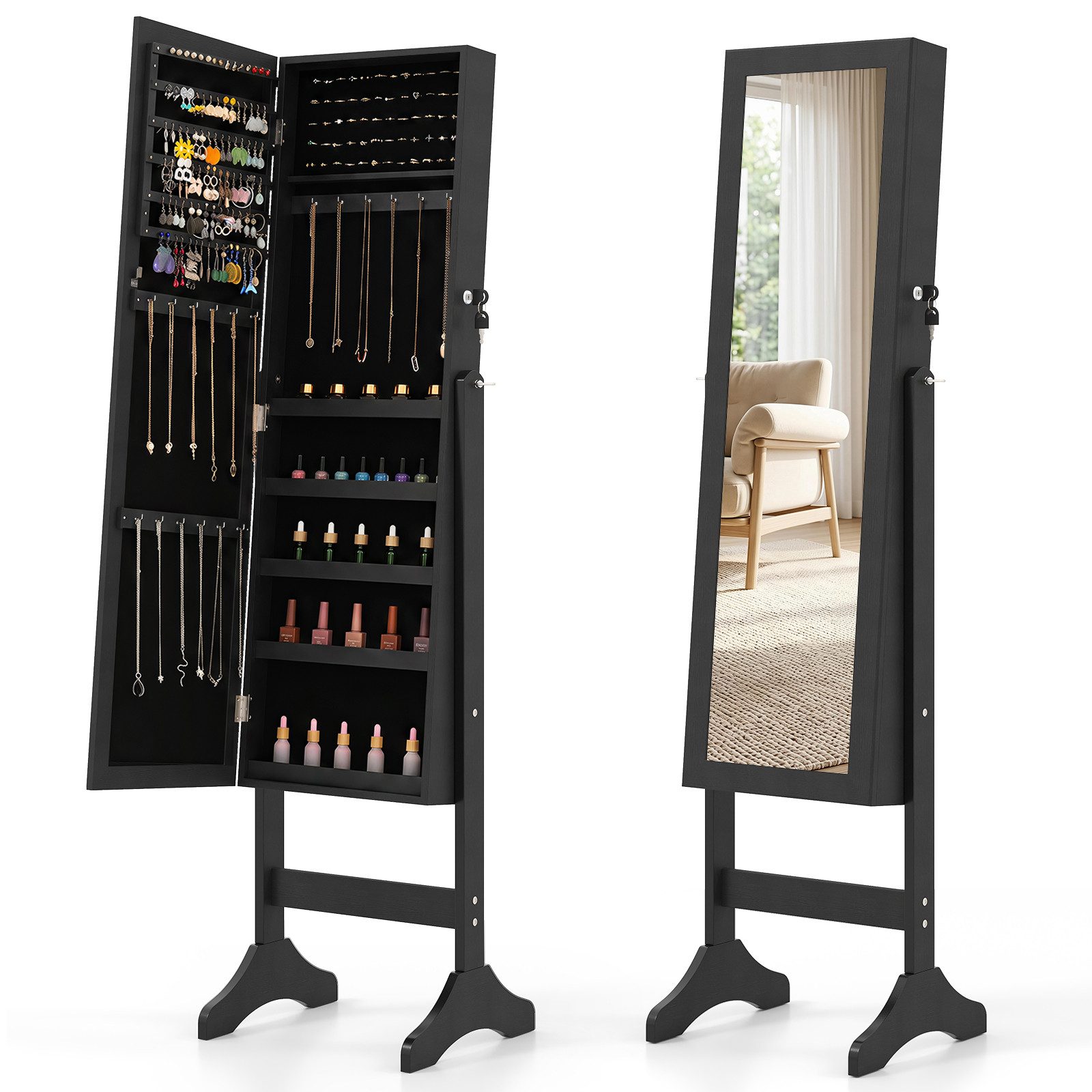 COSTWAY Schmuckschrank mit Spiegel abschließbar Spiegelschrank 40x36x156cm