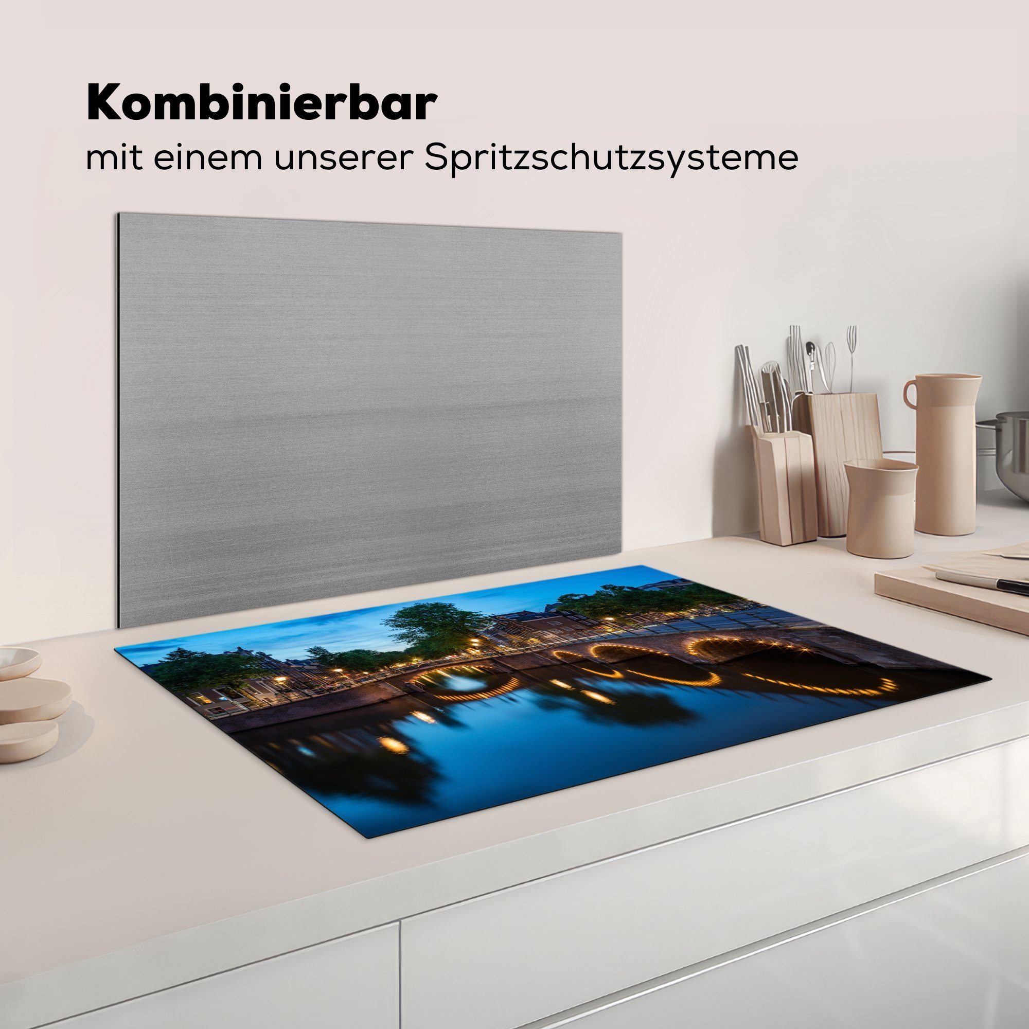 cm, am 81x52 für Beleuchtete Vinyl, (1 tlg), Induktionskochfeld Ceranfeldabdeckung MuchoWow Prinsengracht Schutz küche, Abend, Herdblende-/Abdeckplatte die