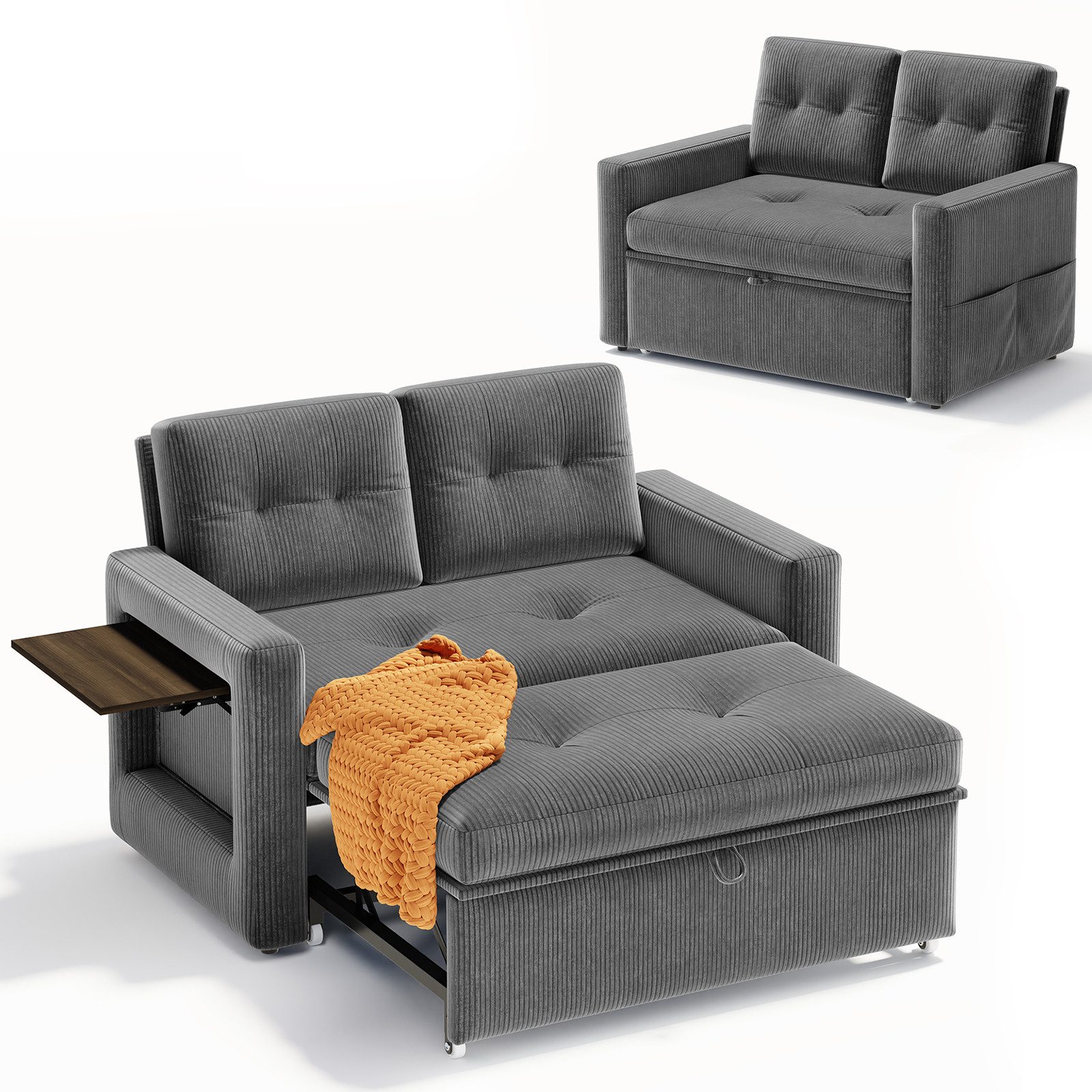 YOUDENOVA Sofa 3-in-1-Schlafsofa mit Auszieh- und Bettfunktion, 135x70x93cm, 1 Teile, mit Praktischer Ausstattung (Klapptisch & Seitentaschen)