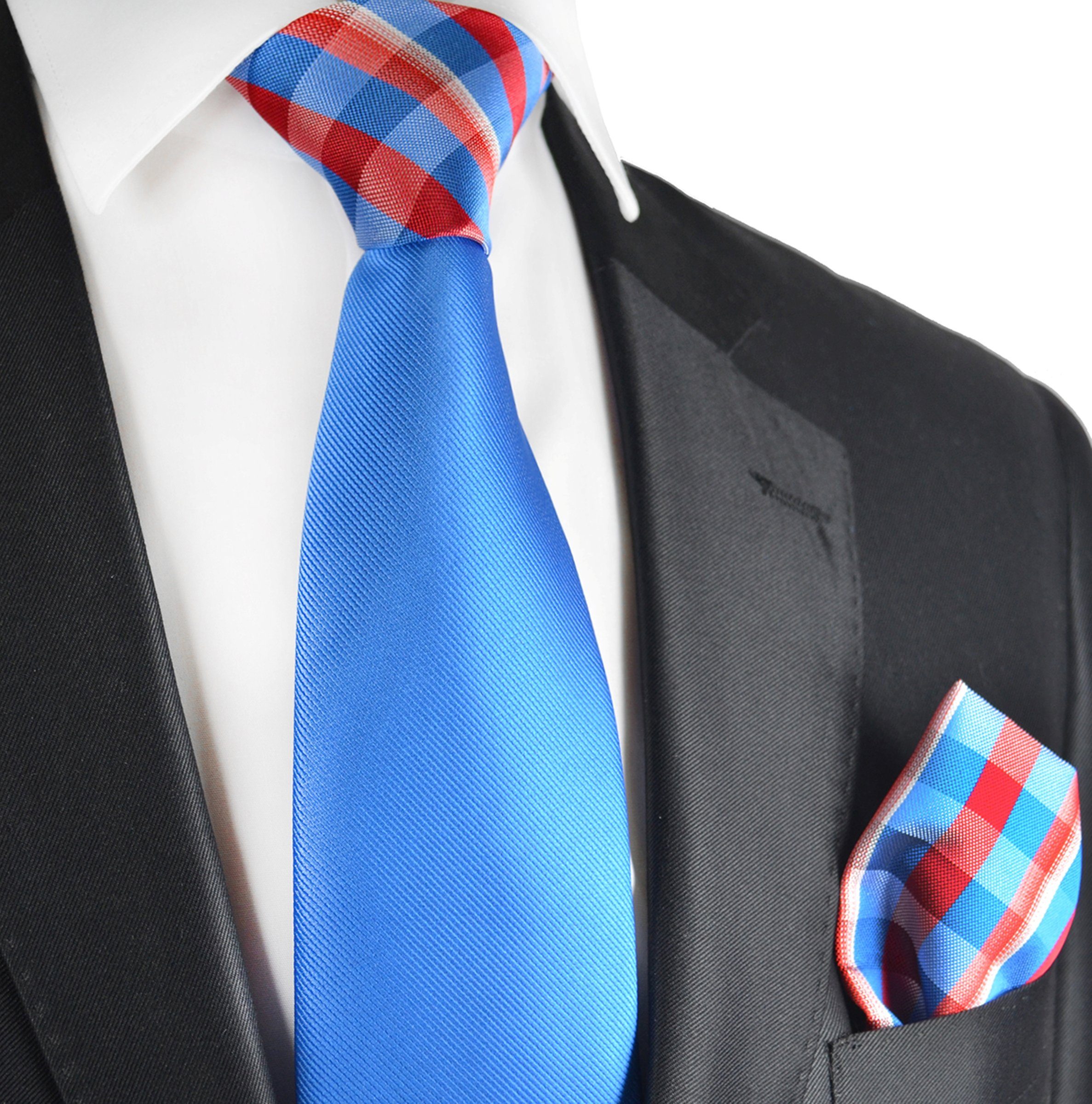 Krawatte blau moderne Einstecktuch uni Malone Paul mit 2-St) rot P8 Kontrastknoten (Set, Krawatte