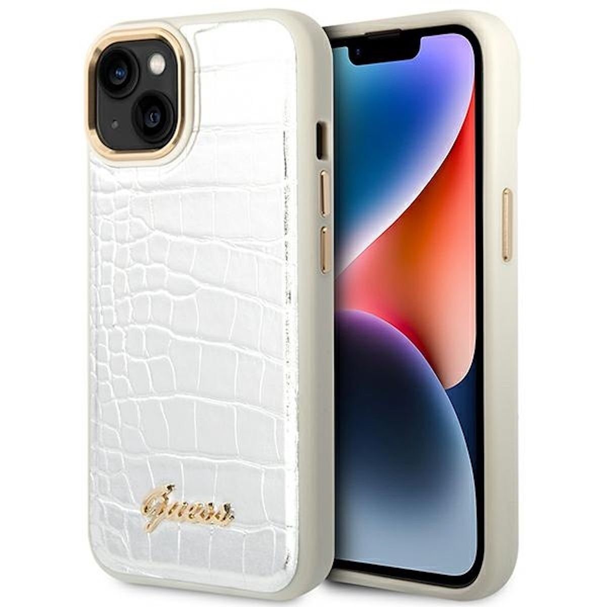 Guess Handyhülle Guess Apple iPhone 14 Plus Hardcase Schutzhülle Croco Collection Silber