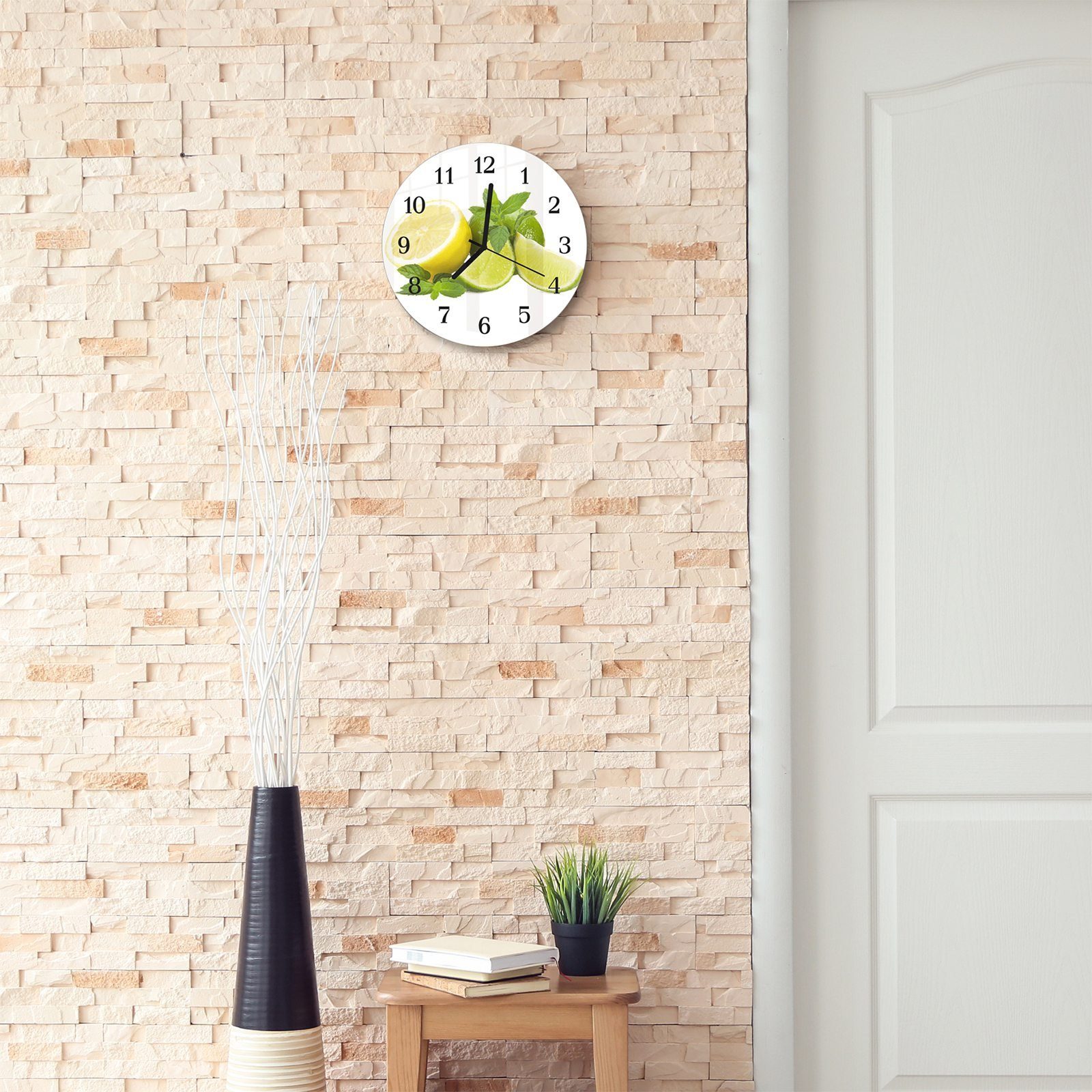 Primedeco Wanduhr Wanduhr aus mit mit Quarzuhrwerk Blätter Rund Zitrone und Durchmesser und 30 cm Glas Motiv - halbiert
