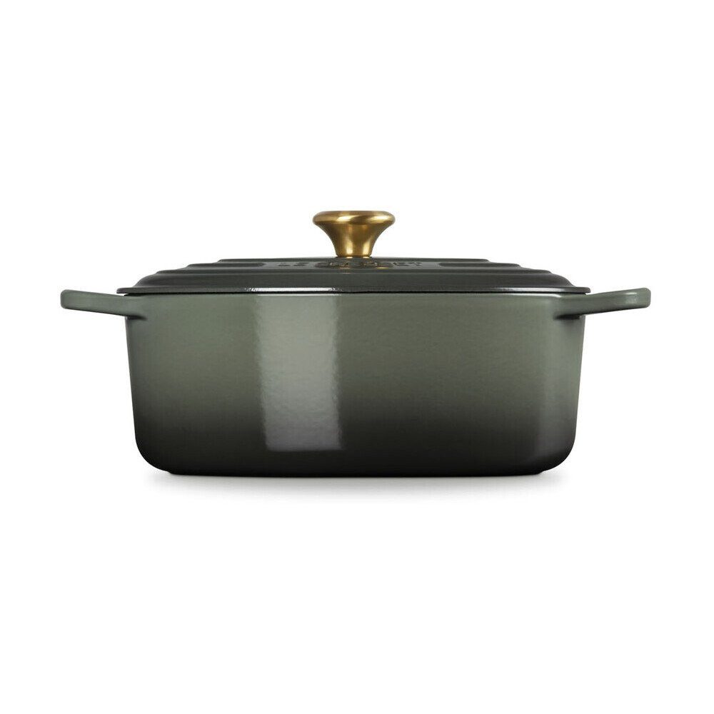 LE CREUSET Bräter Bräter mit Deckel 31 cm Signature Thyme, Gusseisen, ovaler Schmortopf, Cocotte, Bratentopf, ca. 6-7 Pers., Ø31cm, grün