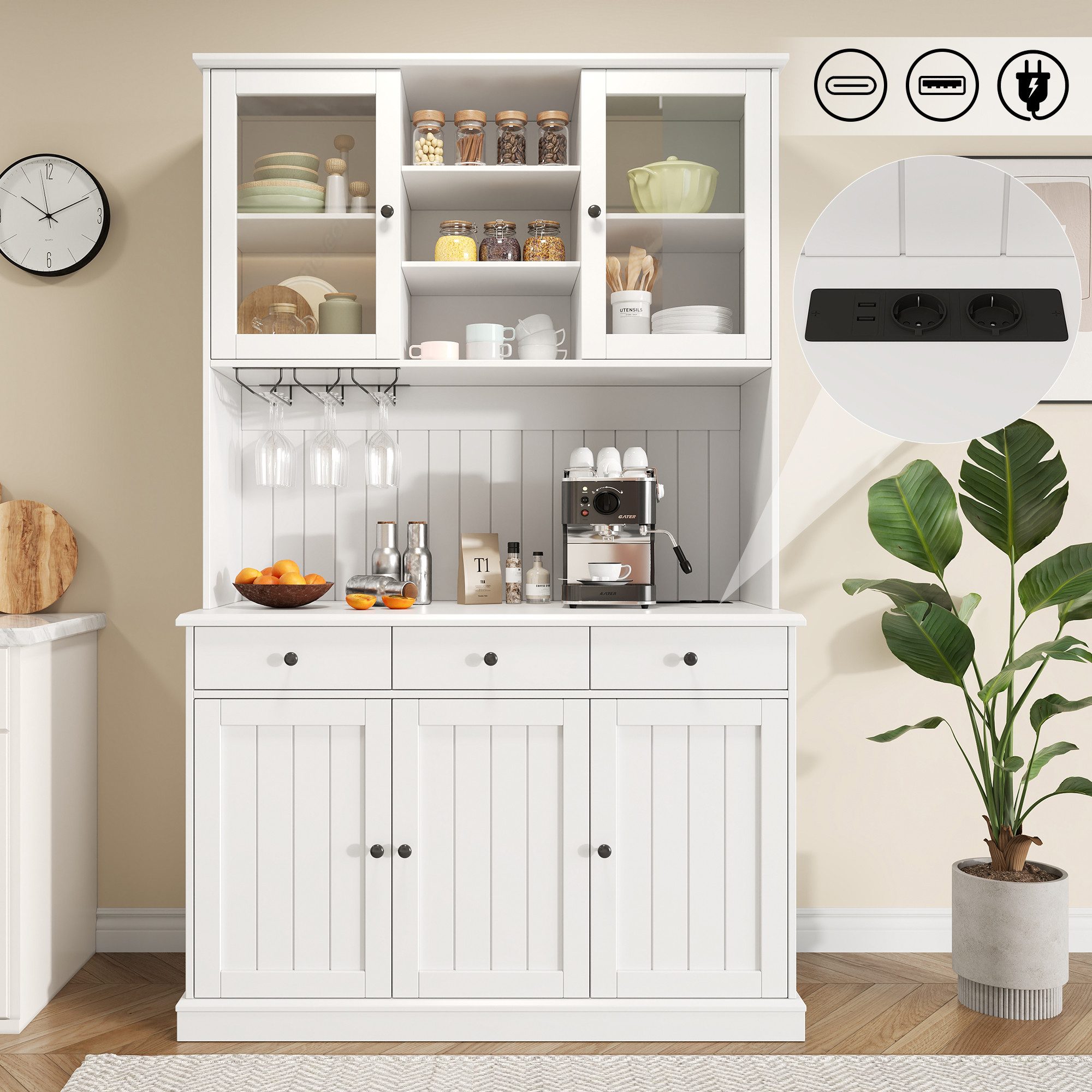 Flieks Küchenbuffet mit Steckdosen, Gläserhalter, Schubladen und Glastüren (Arbeitsplatte mit USB-C- und USB-A-Anschlüssen, 1-St., 120x40x191 cm) Hochschrank Küchenschrank Geschirrschrank mit verstellbarer Ablagen