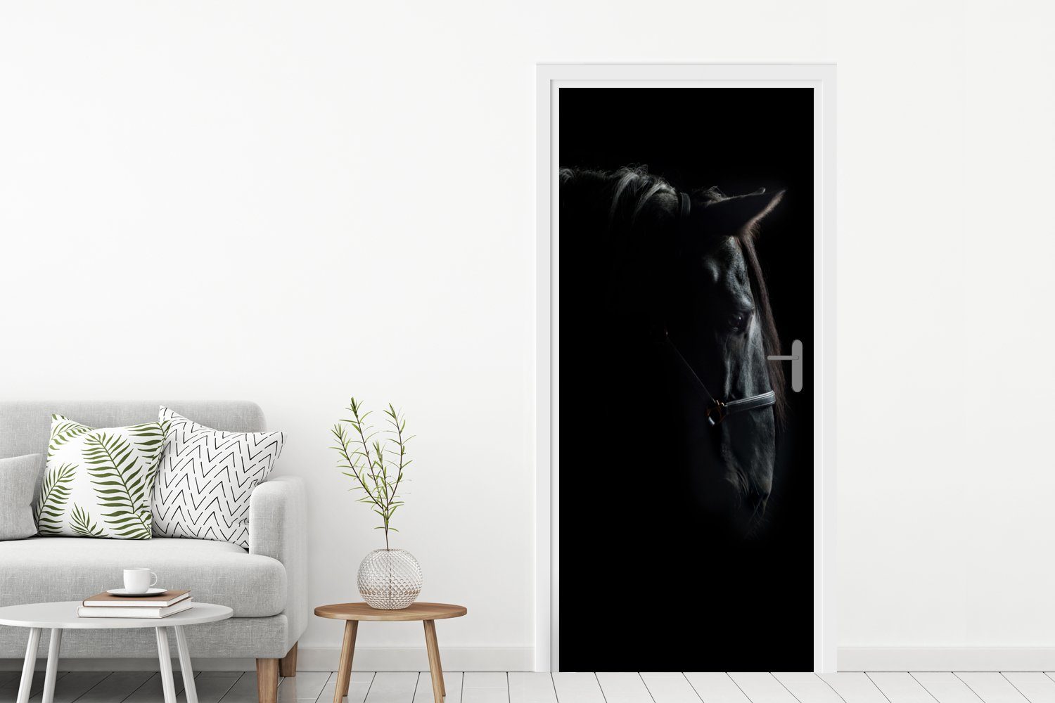 Schwarz, bedruckt, - Türtapete Tür, Leicht Matt, (1 75x205 Pferd Türaufkleber, - St), Fototapete cm für MuchoWow