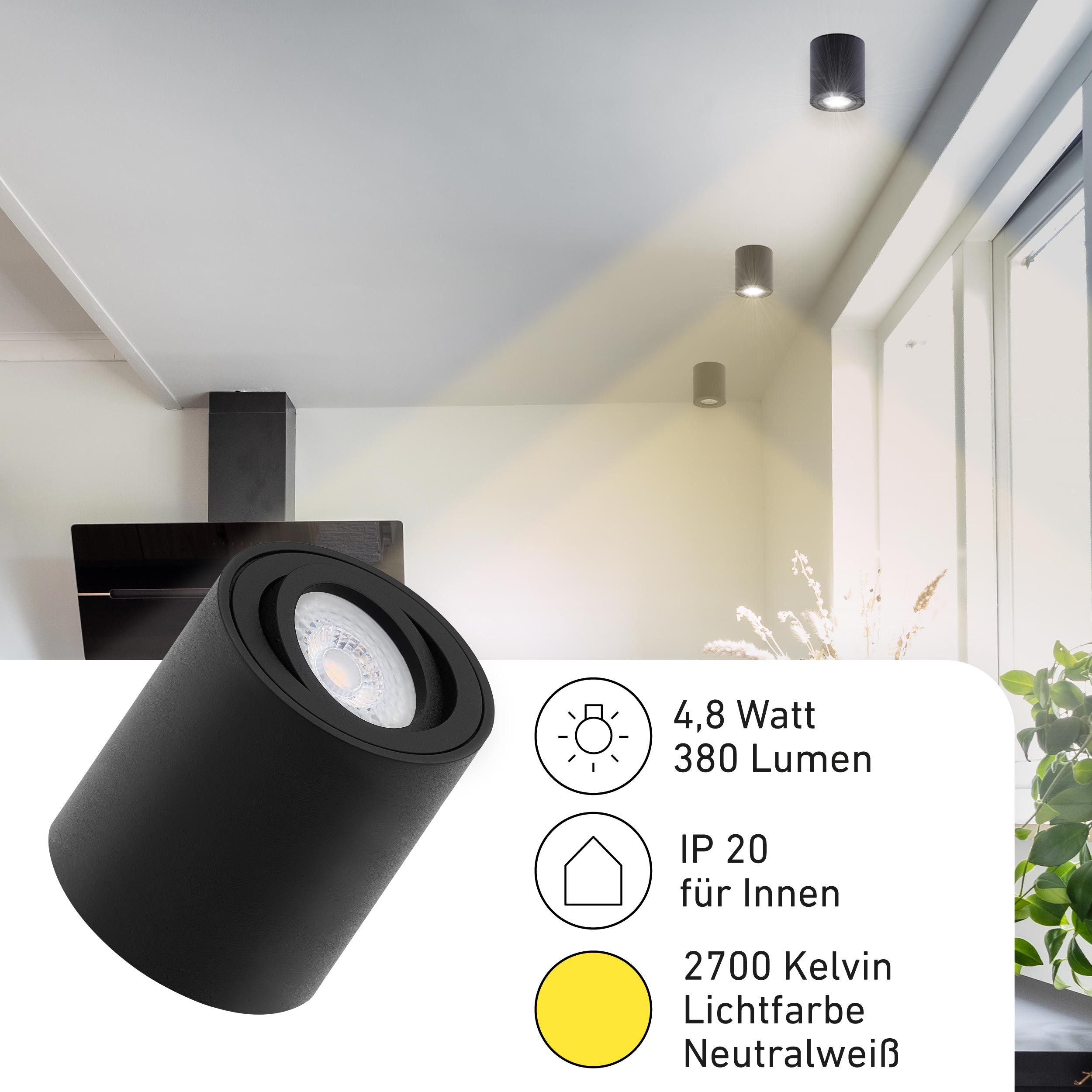 Oktaplex lighting LED Deckenstrahler Lile M Aluminium Aufbaustrahler schwarz, schwenkbar, Leuchtmittel wechselbar, warmweiß, 2700 Kelvin 230V Höhe 80mm schwarz