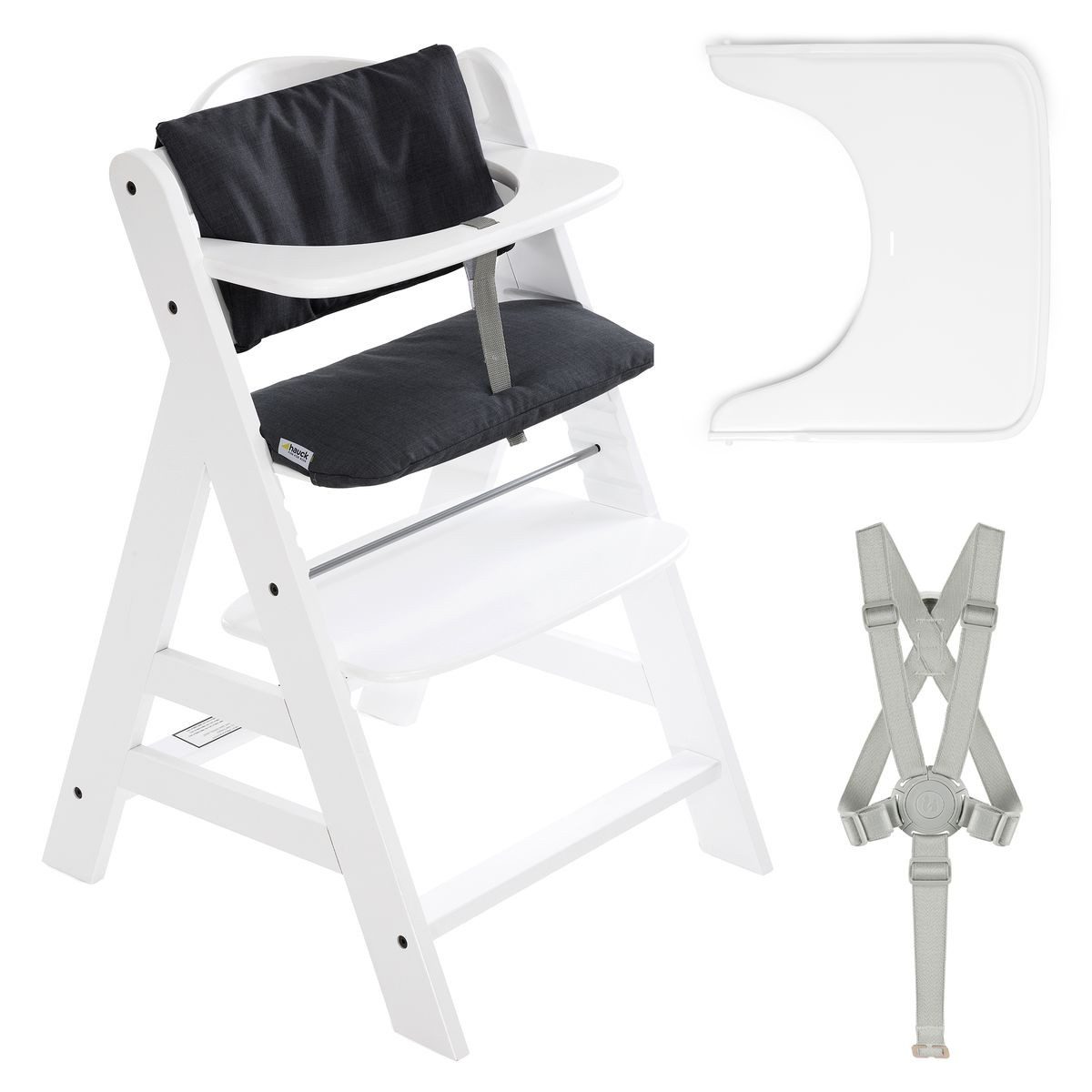 Hauck Hochstuhl Alpha Plus White, Holz Kinderhochstuhl verstellbar mit Essbrett Wooden Tray & Sitzkissen