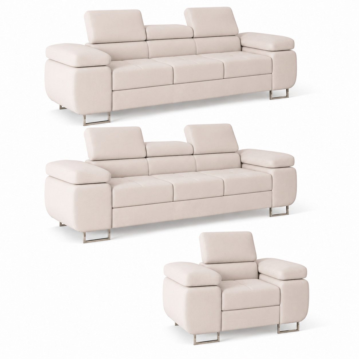 M-Punkt24 Polstergarnitur Miami, (SET 3-3-1, Samtstoff Creme), mit Bettfunktion und verstellbare Kopfstützen
