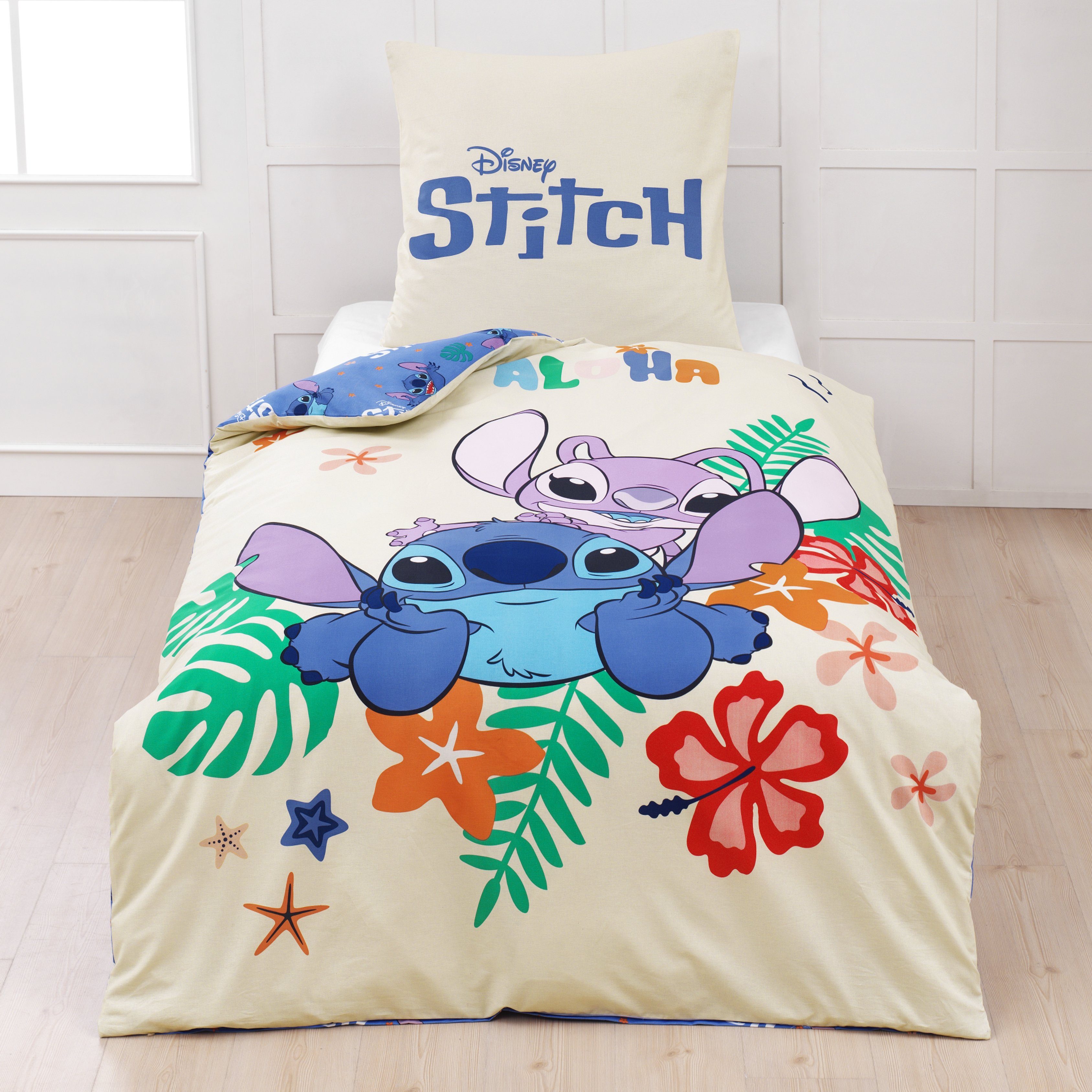 Bettwäsche Lilo & Stitch 135x200 + 80x80 cm, 100 % Baumwolle,  MTOnlinehandel, Renforcé, 2 teilig, Disney's Kinderbettwäsche mit  Reißverschluss
