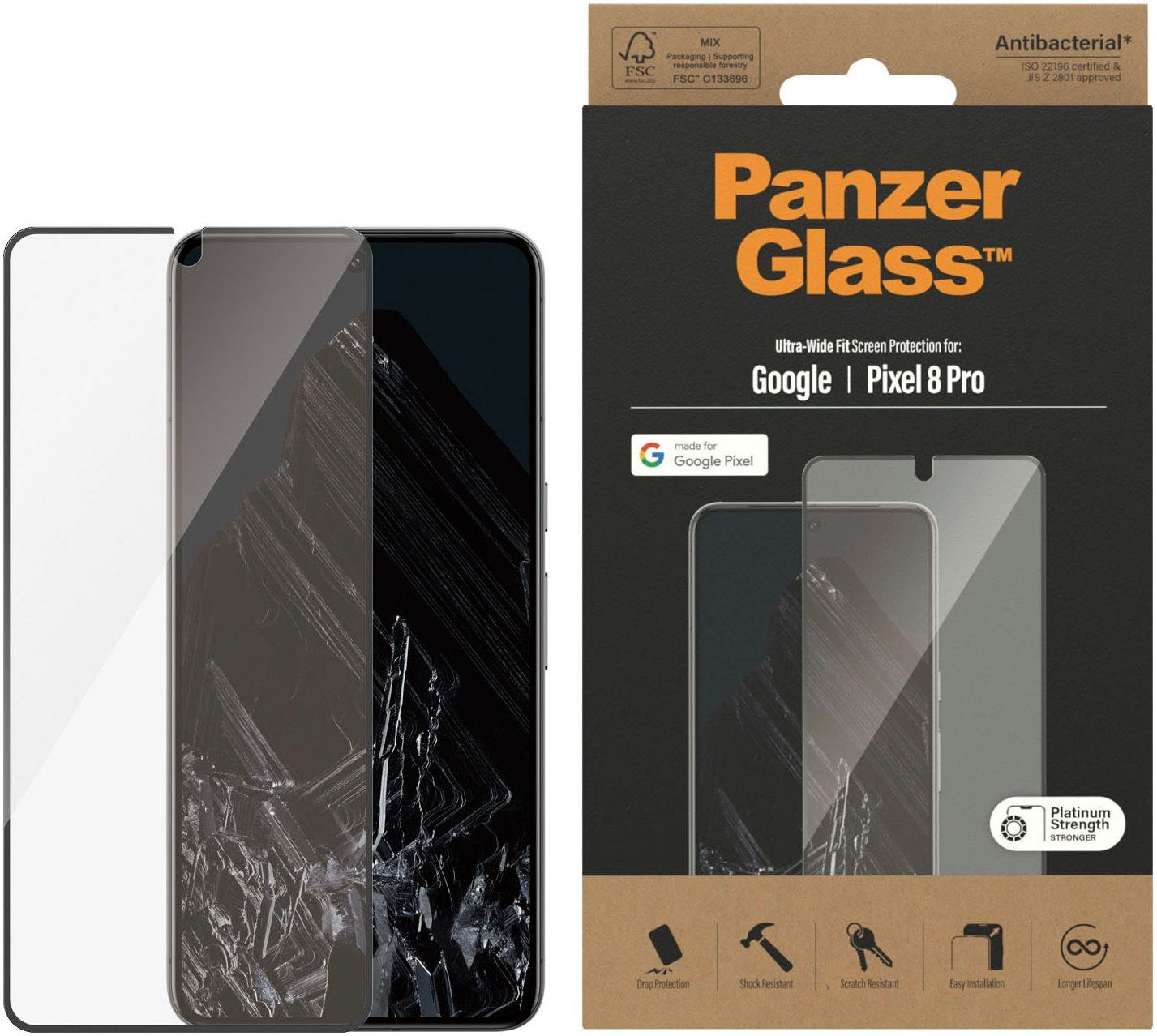 PanzerGlass Displayschutz Google Pixel 8 Pro - Ultra-Wide Fit für Google Pixel 8 Pro, Displayschutzfolie, 1 Stück, Kratz-& Stoßfest,Antibakteriell,Berührungsempfindlich,Simpel Anbringen