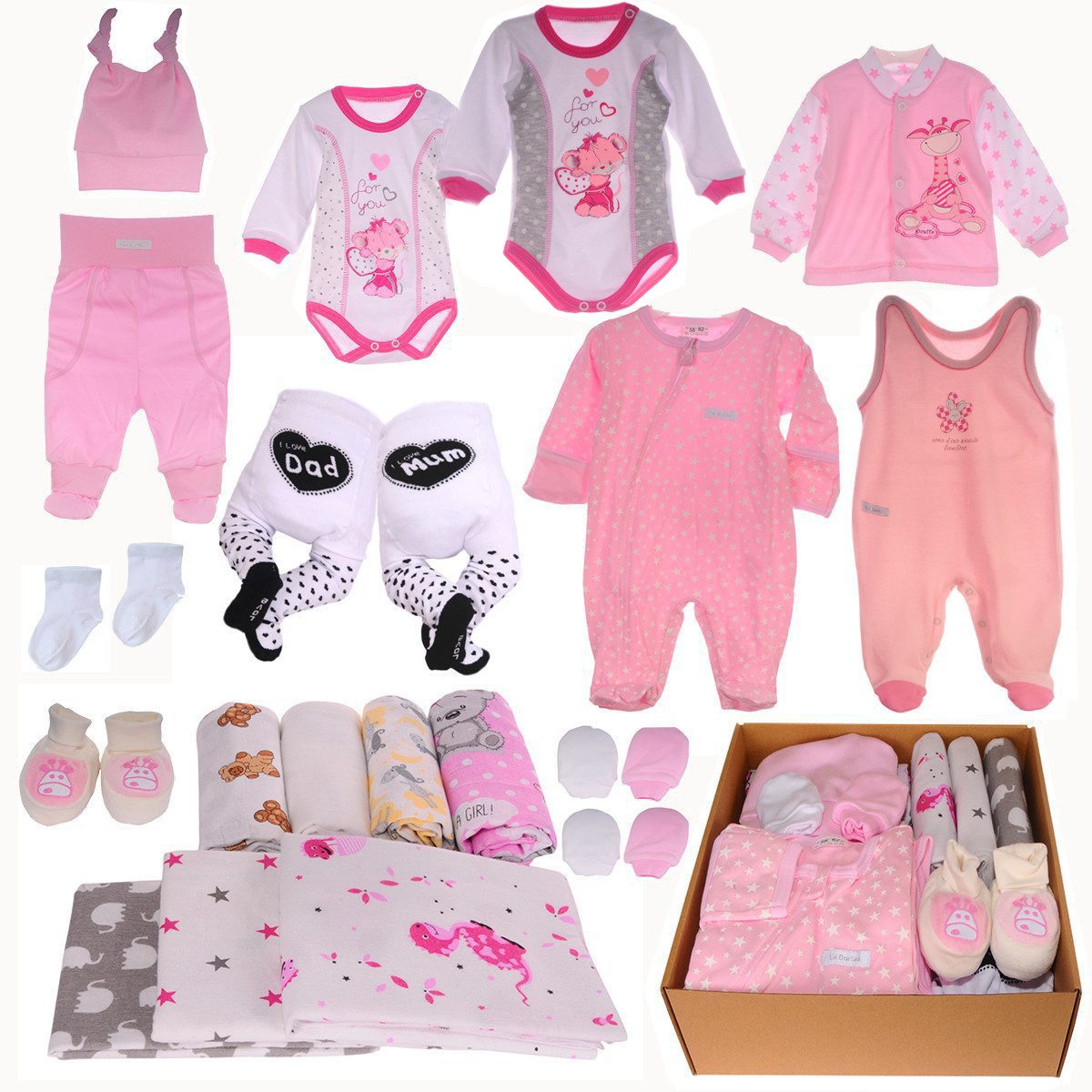 La Bortini Erstausstattungspaket Baby Set 20 Teile Body Hose Strampler Strumpfhosen Shirt Socken (Paket für Mädchen, Bekleidung für Neugeborene, Geschenk zur Geburt) aus Baumwolle, ein Geschenk zur Geburt, Paket in Rosa für Neugeborene