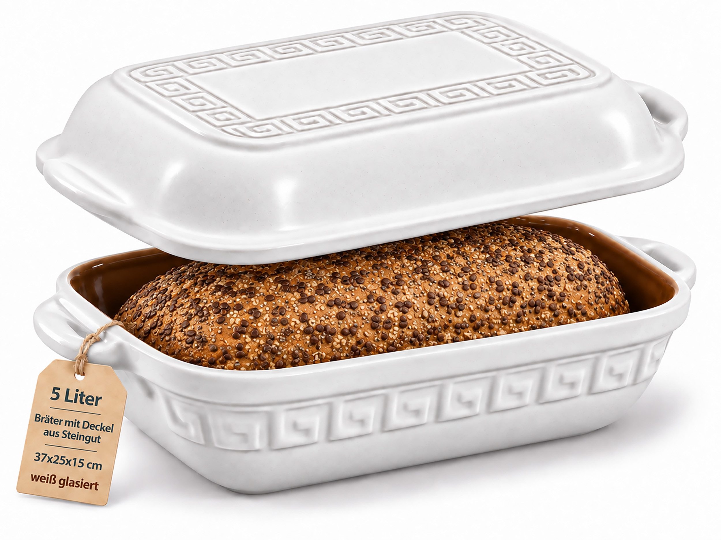 KERAZO Brotbackform 5L Keramik Bräter mit Deckel Brottopf Auflaufform 37x25x15cm, weiß, Für knuspriges Brot und saftige Ofengerichte