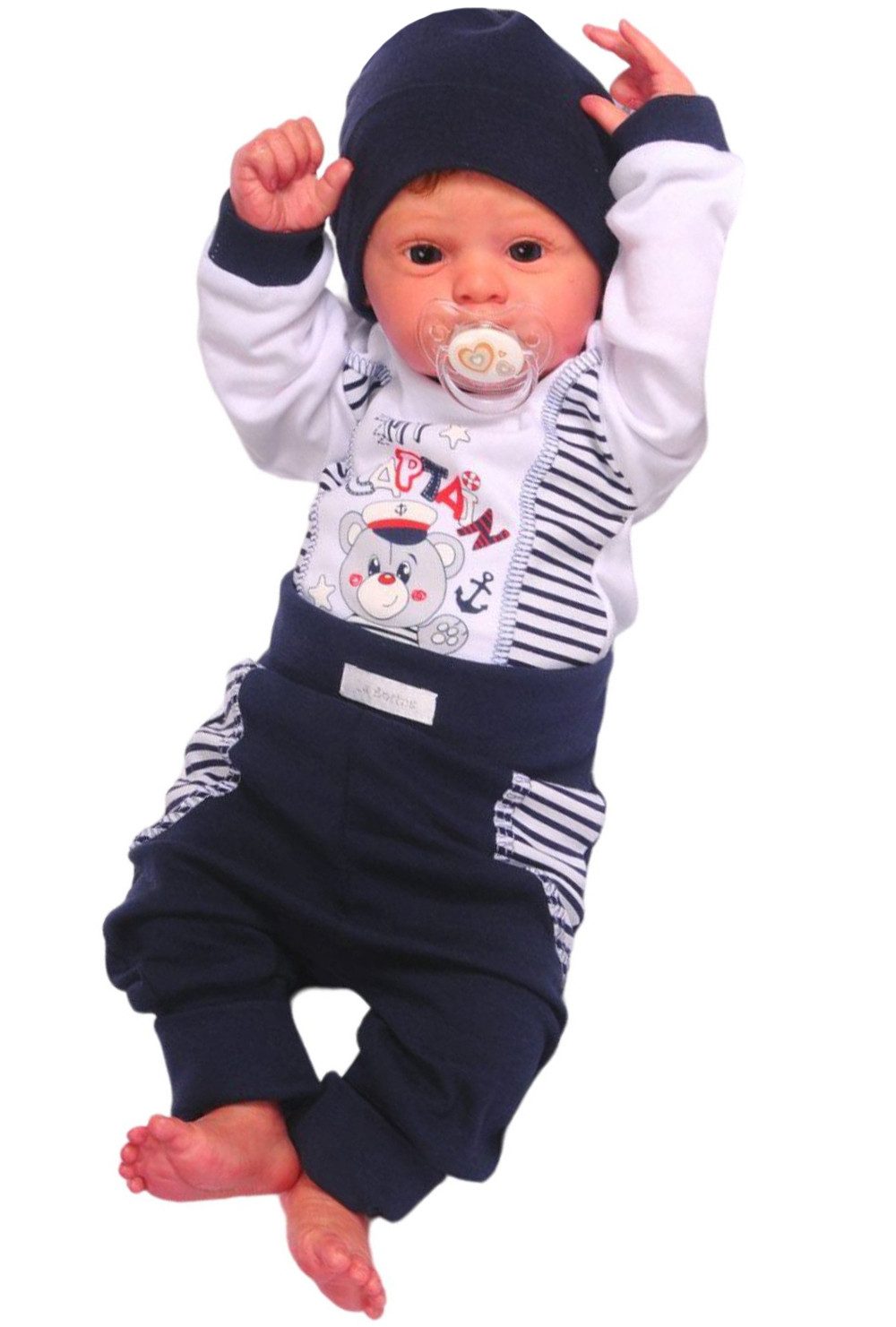 La Bortini Anzug 3-teilig Bady Set Body langarm Hose und Mütze in Blau Mitwachshose mit langem Bund und Bündchen 44 50 56 62 68