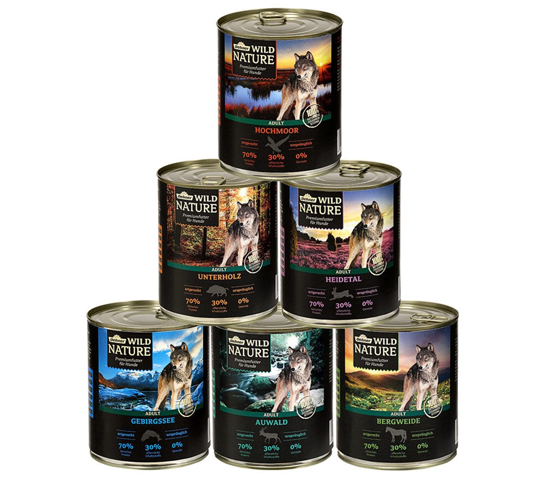 Dehner Wild Nature Probier-Set, mit Ente / Pferd / Lachs, 6 x 800 g Dose, 4800g, Влажный корм für ausgewachsene Hunde, getreidefrei / zuckerfrei
