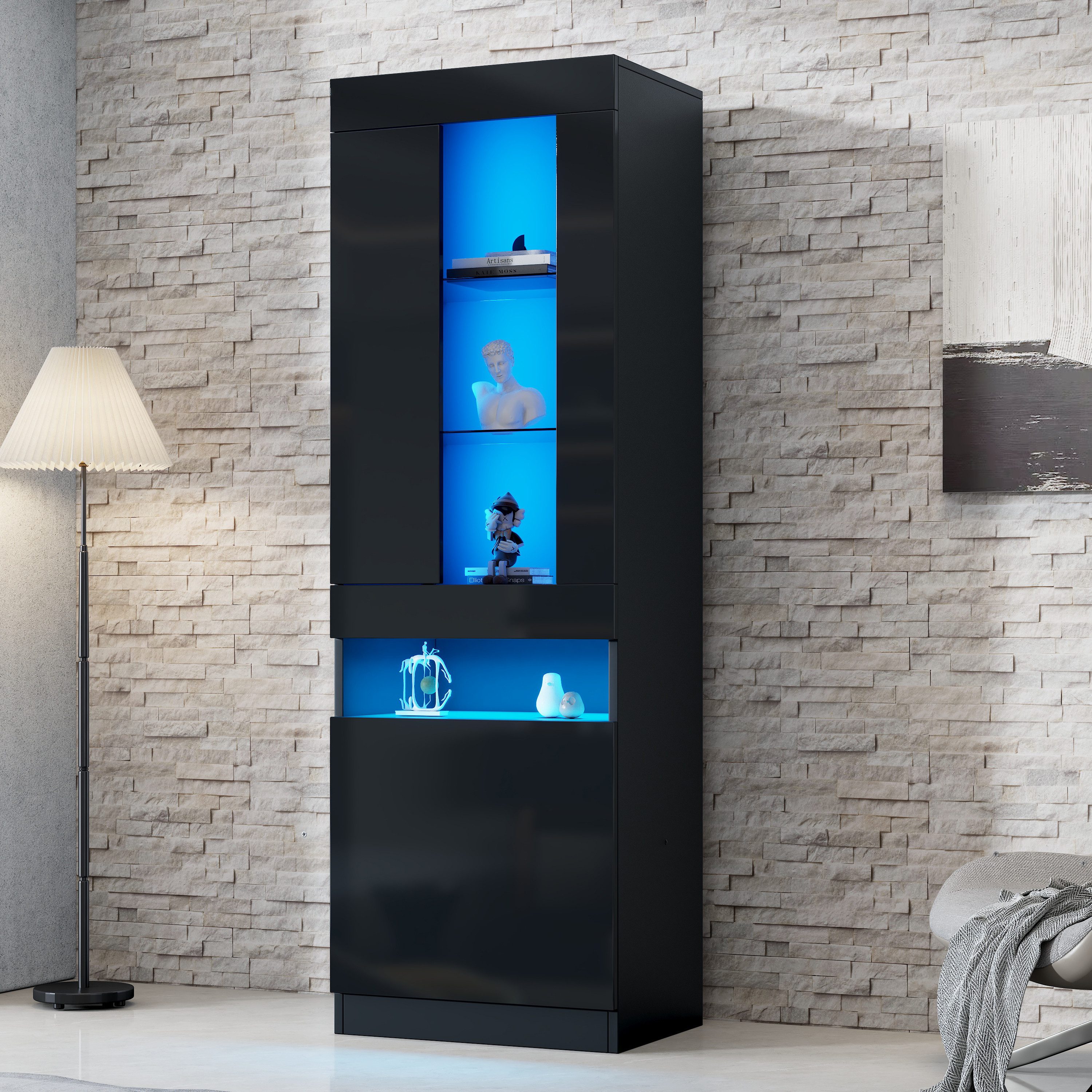 Merax Vitrine Hochglanz Standvitrine Vitrinenschrank mit LED-Beleuchtung (1-St., 50L x 40W x 180H CM) Wohnzimmerschrank mit Glasböden, 2 Türen & offenem Mittelbereich