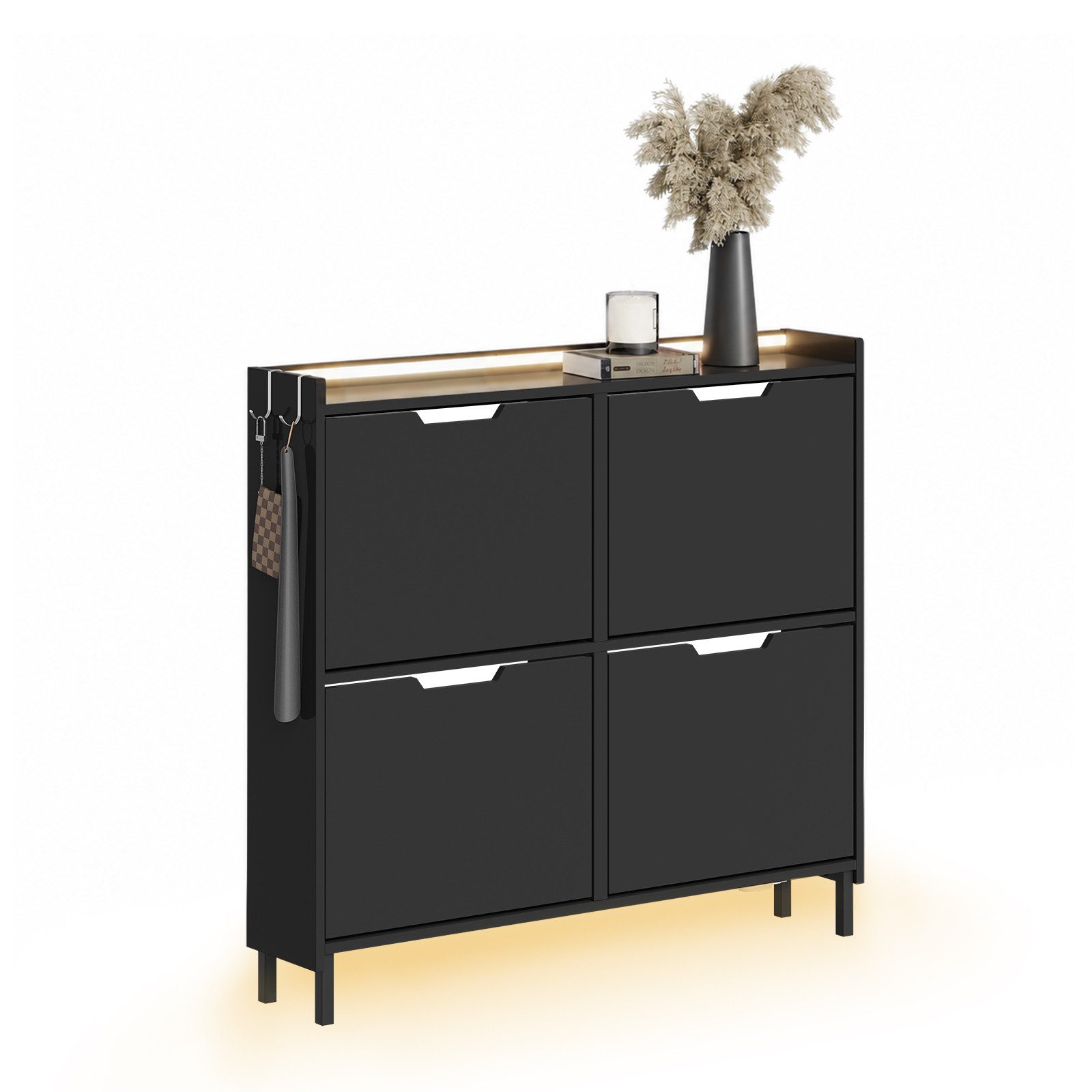SoBuy Schuhschrank FSR100, Schuhschrank schmal, Schuhregal Schuhkipper Flurschrank, Licht Schuhschrank hängend, mit Sensorlicht, 4 Klappen, Schuhaufbewahrung