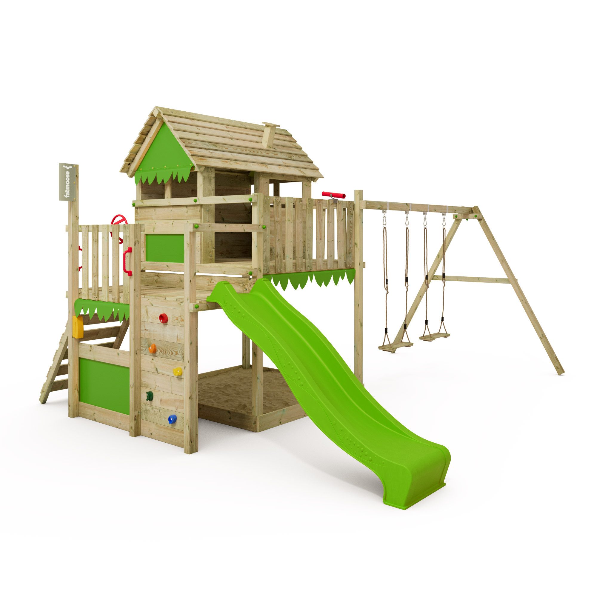 FATMOOSE Spielturm MightyMansion Move XXL Stelzenhaus mit Rutsche & Schaukel, 10 Jahre Garantie*, großes Spielhaus, großer Sandkasten