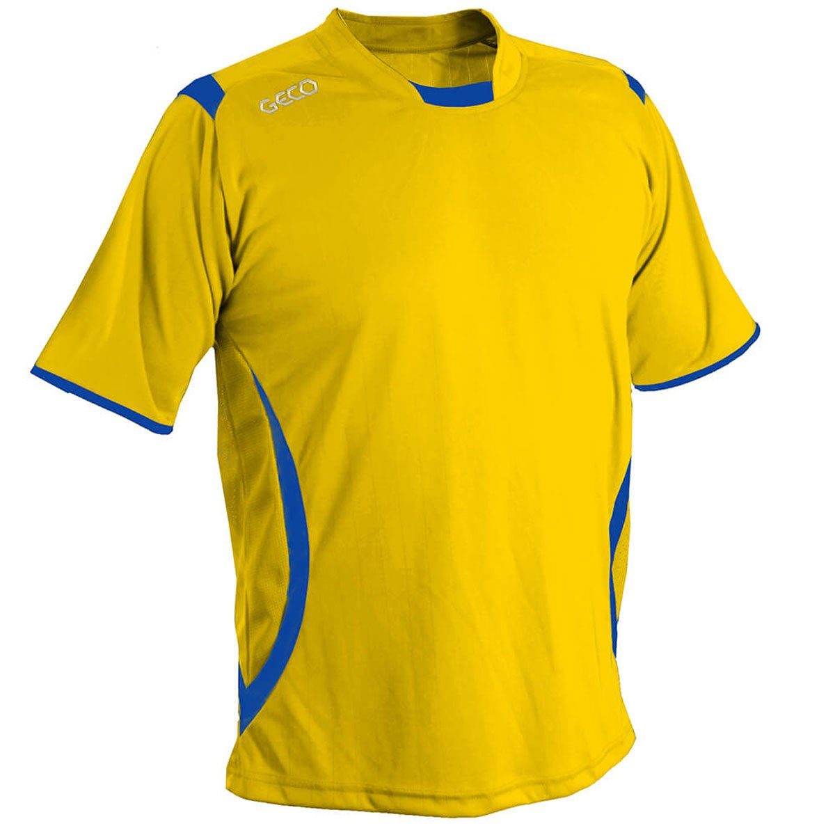 Fußballtrikot Geco Sportswear Trikot seitliche Levante Fußballtrikot zweifarbig Mesheinsätze gelb/blau Fußball kurzarm