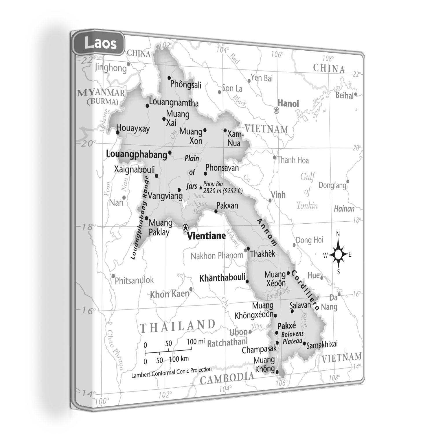 OneMillionCanvasses® Leinwandbild Illustration der Landkarte von Laos - schwarz und weiß, (1 St), Leinwand Bilder für Wohnzimmer Schlafzimmer