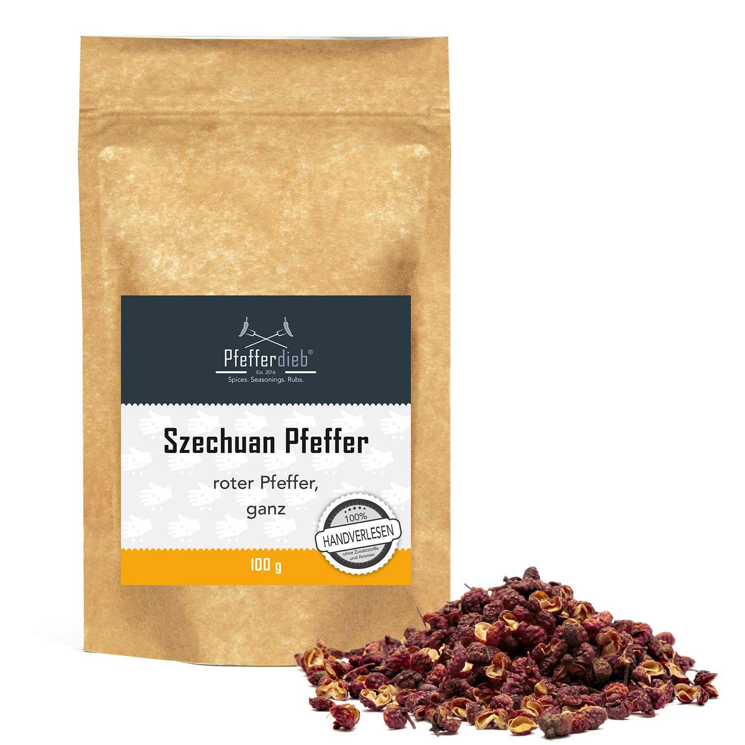 Pfefferdieb Gewürz Original Roter Szechuan Pfeffer, ganz, 100g, Charakteristische Schärfe mit prickelnd-betäubenden Effekt.