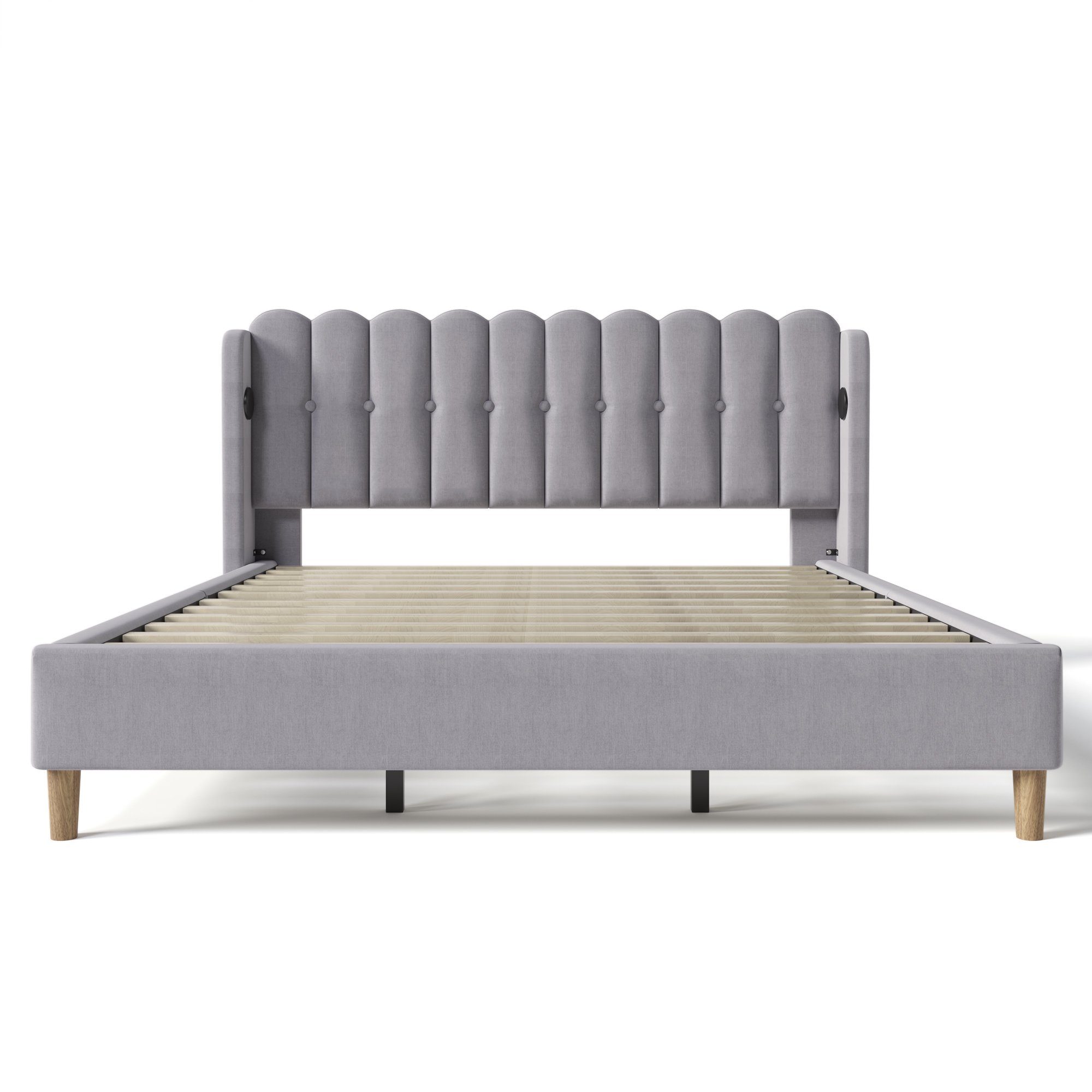 Polsterbett, Doppelbett mit USB Typ C Ladefunktion, 180x200 cm, Leinen