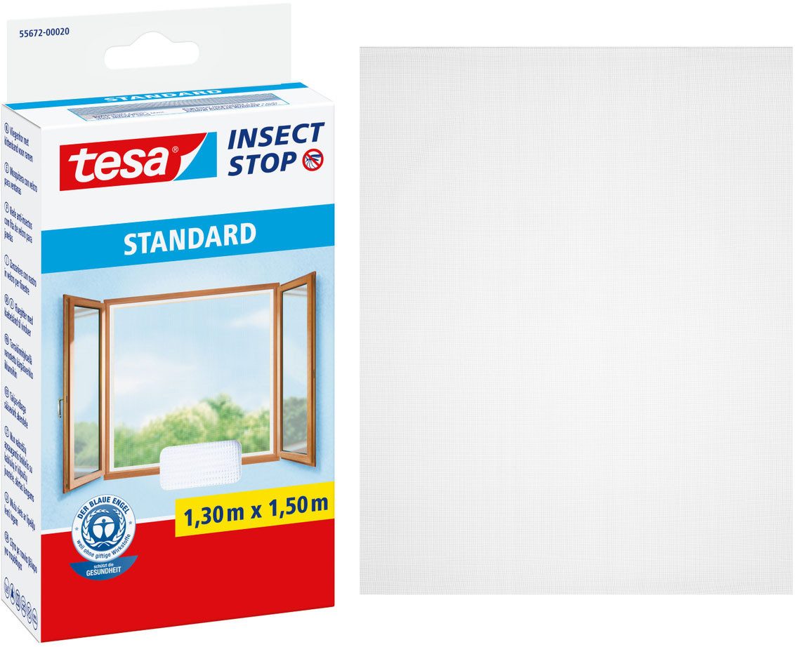 tesa Insektenschutz-Fensterrahmen Insect Stop Standard Fliegengitter für Fenster - 1.3 m : 1.5 m, (Packung, 1-St., Fliegennetz, Klettband), Insektenschutzgitter - Fliegenetz ohne Bohren - zuschneidbar