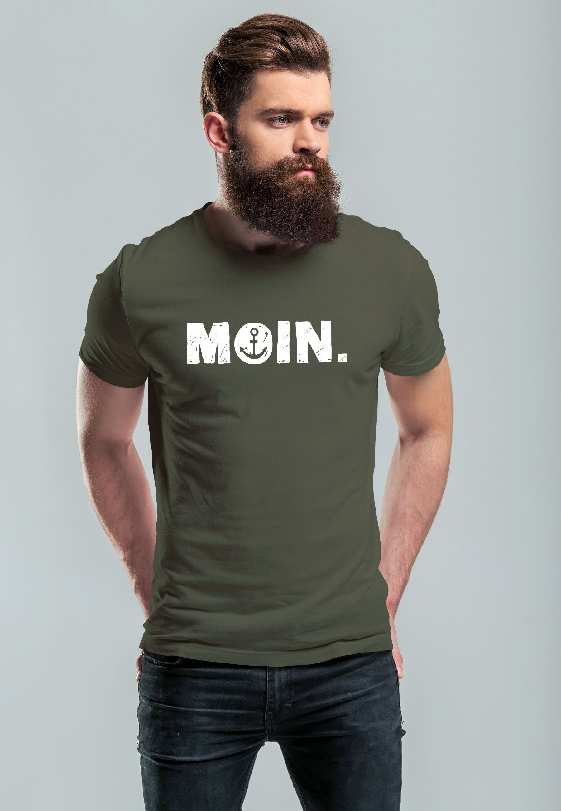 Herren Moin Anker Schriftzug T-Shirt Dialekt Fash Print-Shirt Neverless Hamburg mit Print Print army Norden