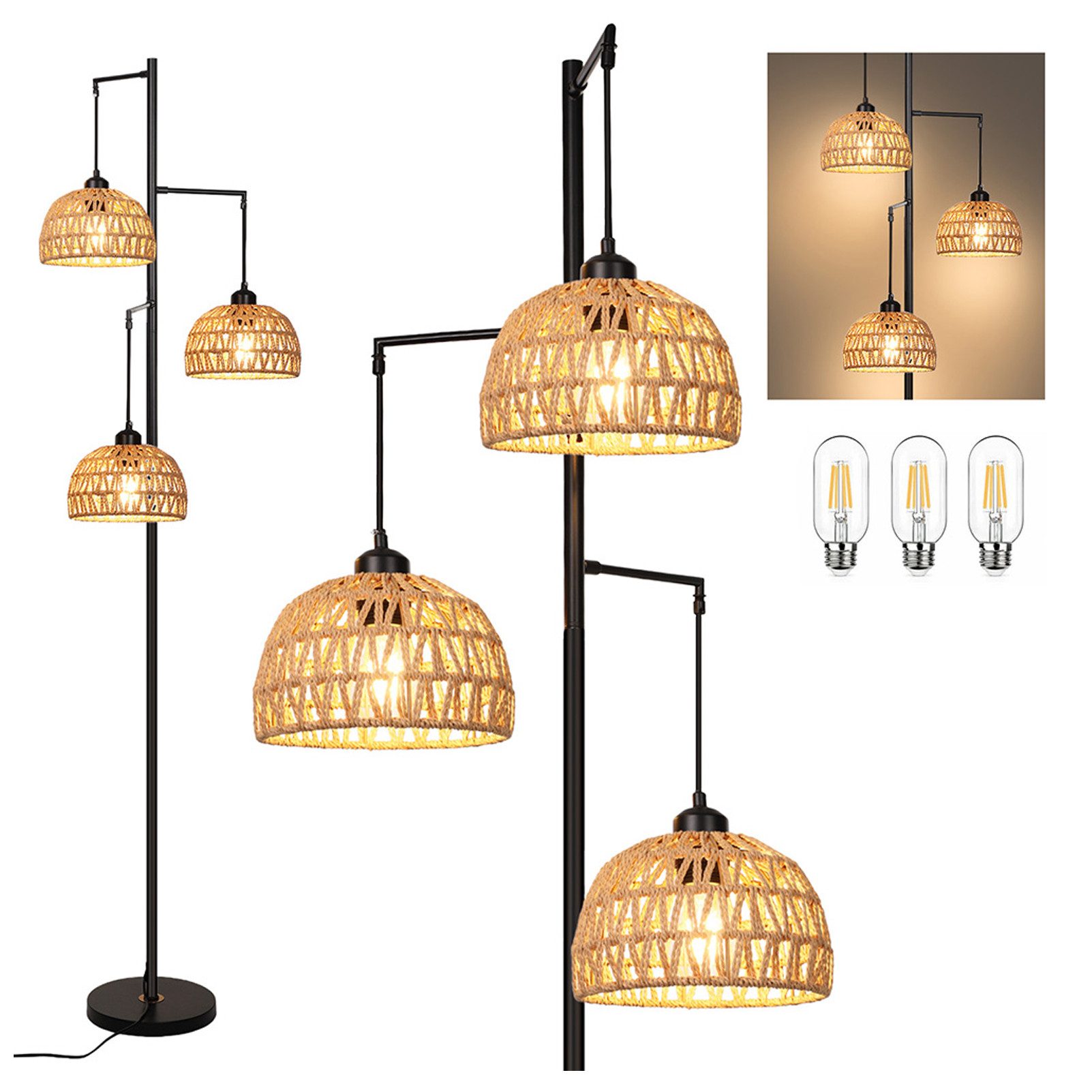 LED Stehlampe Boho Rattan Stehlampe für Schlafzimmer Wohnzimmer mit Fußschalter