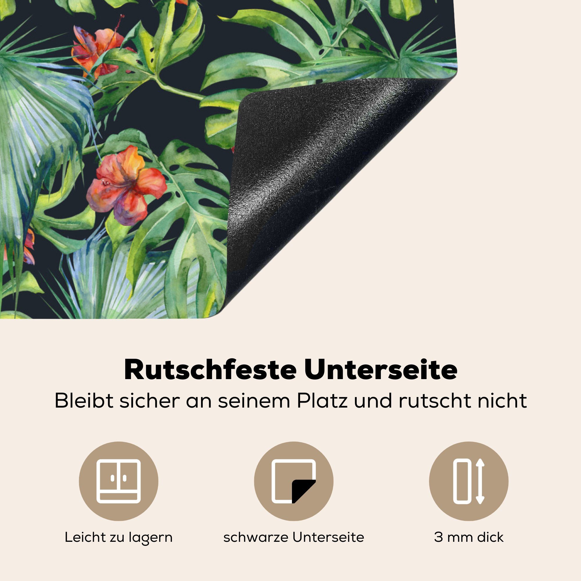 (1 für Induktionsherd, - Monstera Induktionskochfeld Blätter, cm, tlg), Vinyl, Dekoration Küchen 58x51 Herdblende-/Abdeckplatte Dschungel - MuchoWow