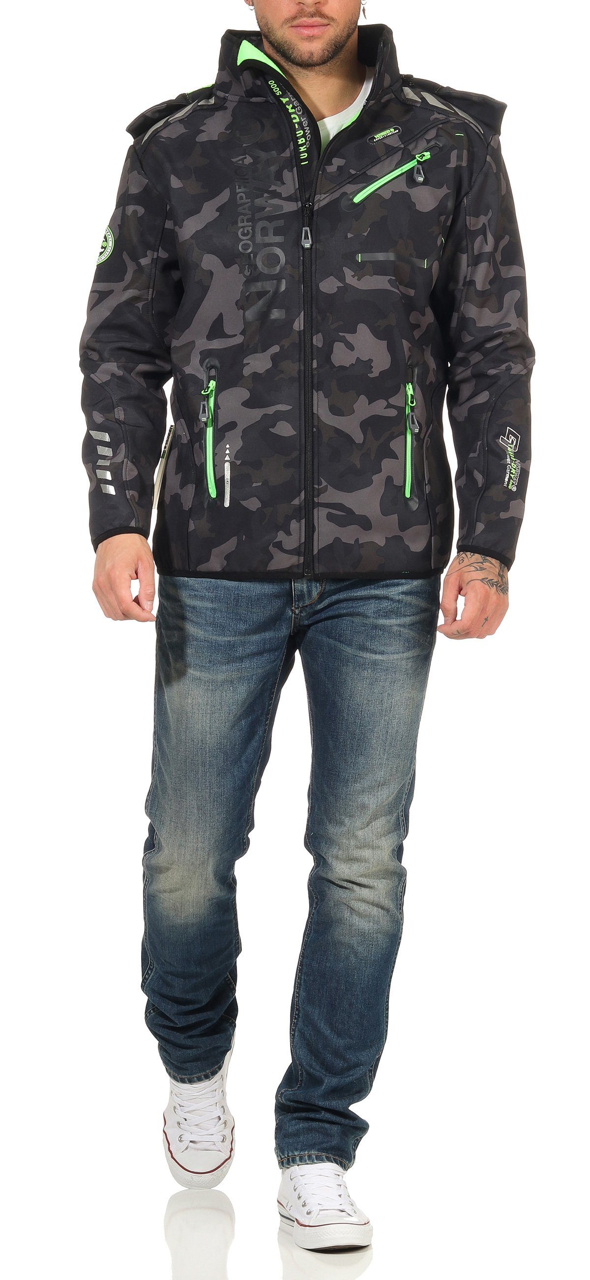 Geographical Norway Softshelljacke Herren Softshell Sport Outdoor Wander Trekking Jacke in Unifarbe, mit abnehmbarer Kapuze, mit Stehkragen