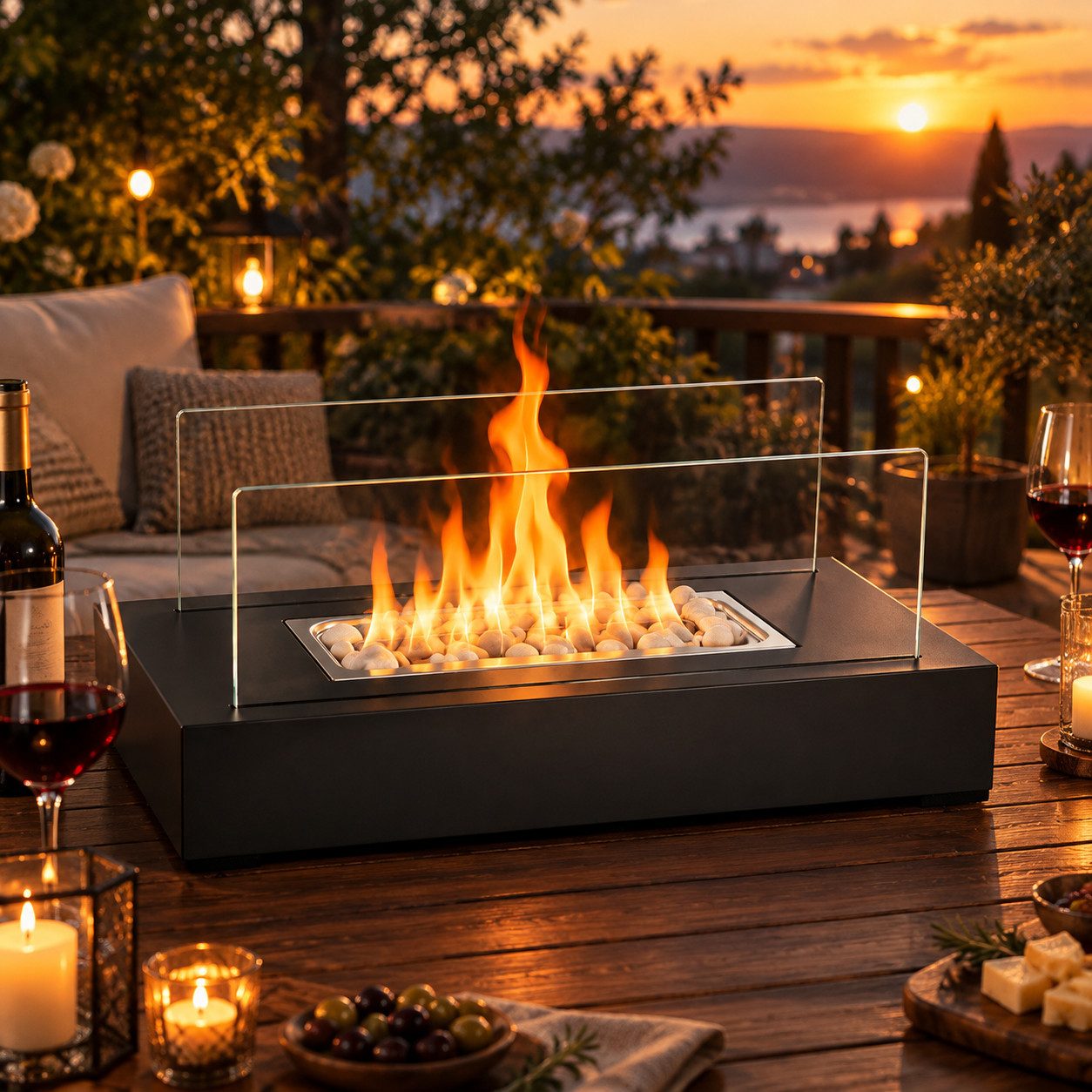 ZMH Tischfeuer Indoor Outdoor Tischkamin Ethanol Dekokamin Schwarz Edelstahl Glas, 250ml Brennvolumen, 2 hitzebeständige Gläser, Feuerlöschabdeckung
