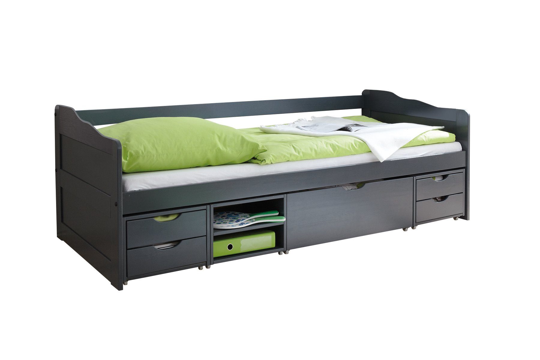 Ticaa Funktionsbett Sofabett Funktionsbett Gästebett Marlies Kiefer, Grau lackiert (Holzmaserung sichtbar)