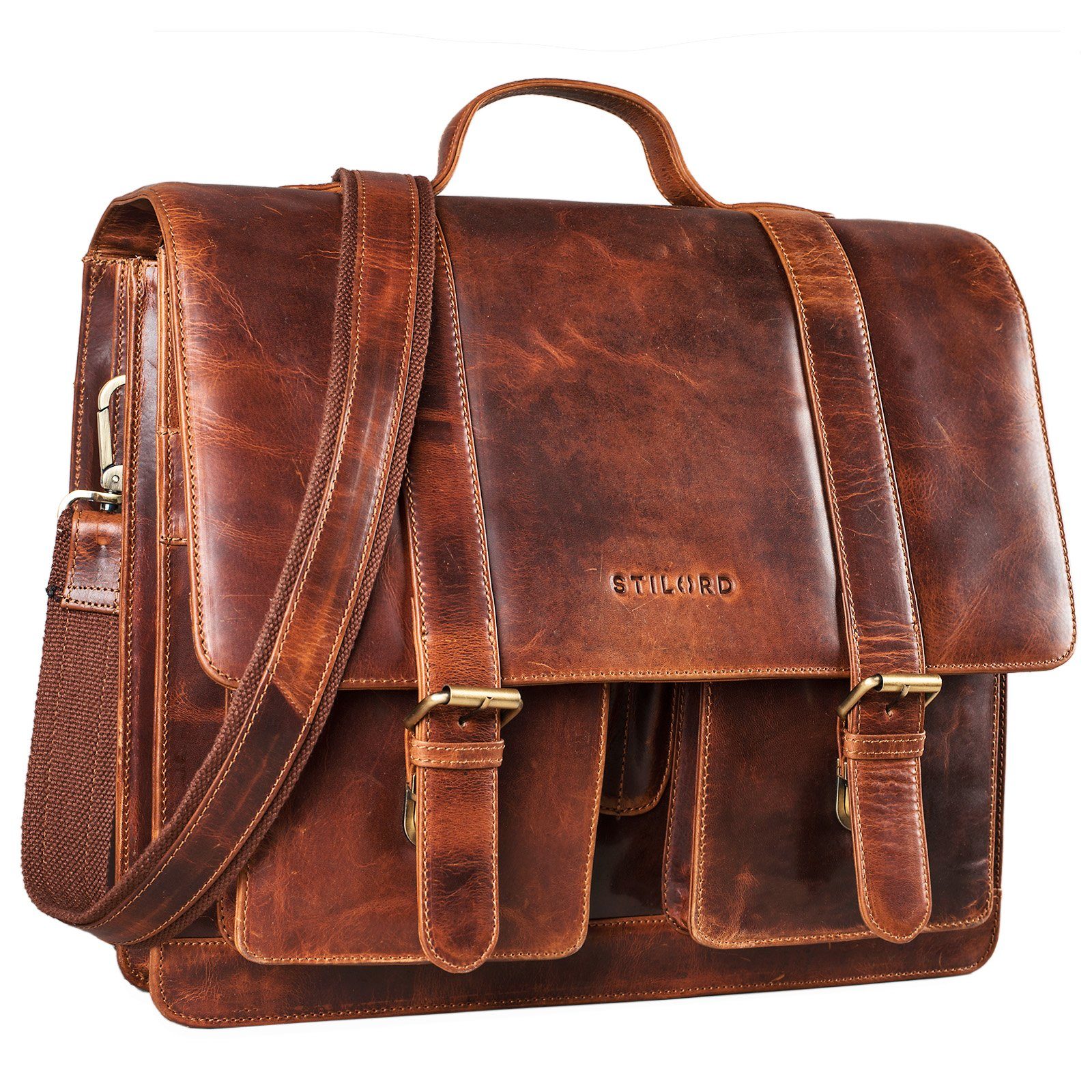 STILORD Aktentasche "Marius" Klassische Lehrertasche Leder kara - cognac