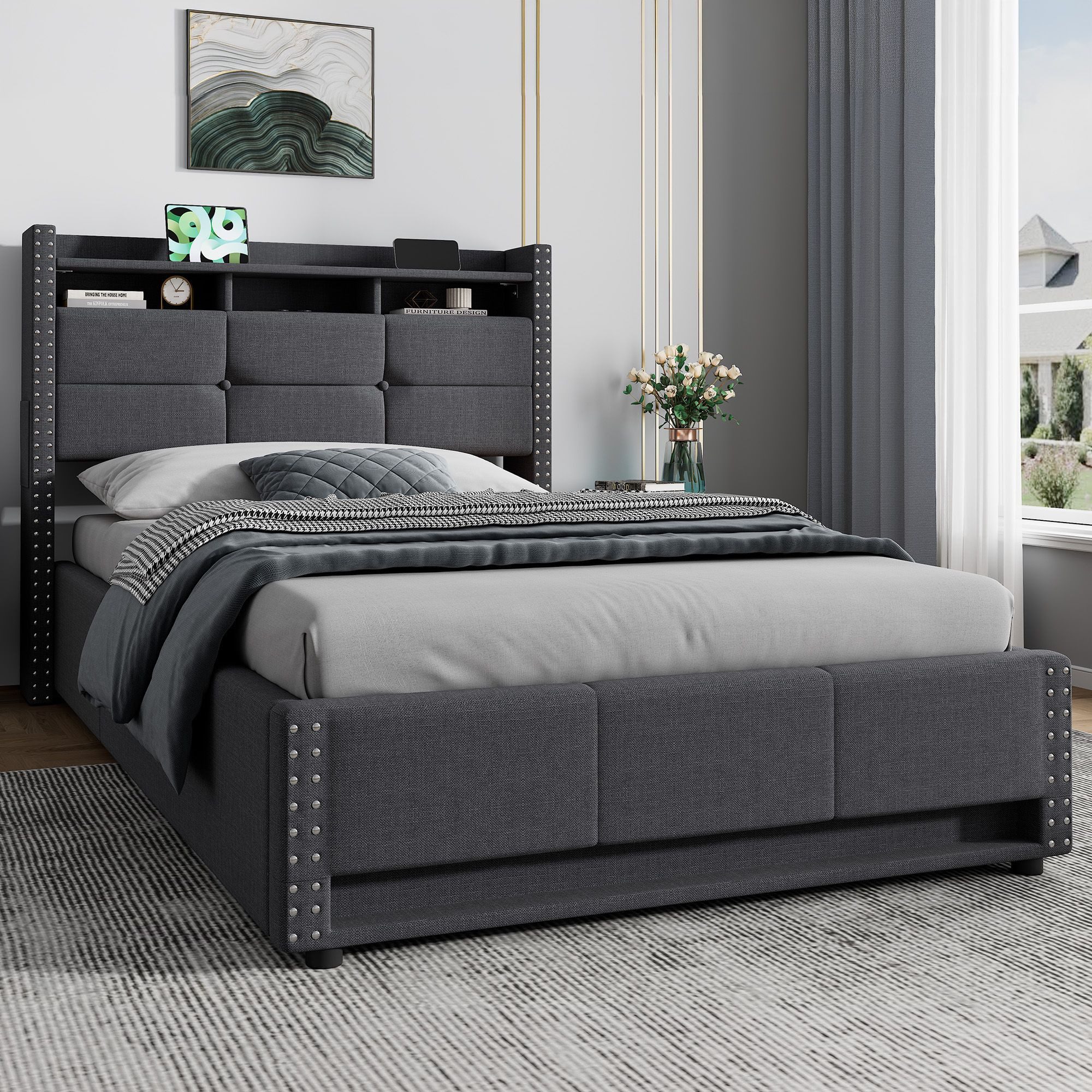 HAUSS SPOLE Polsterbett 90×200 Jugendbett mit Bettkasten,Einzelbett Leinen & Matratze,Grau (Funktionsbett Stauraumbett mit Leinenbezug und gepolstertem Kopfteil, mit einer 25 cm hohen Matratze), Jugendbett mit Polsterrahmen für Schlafzimmer