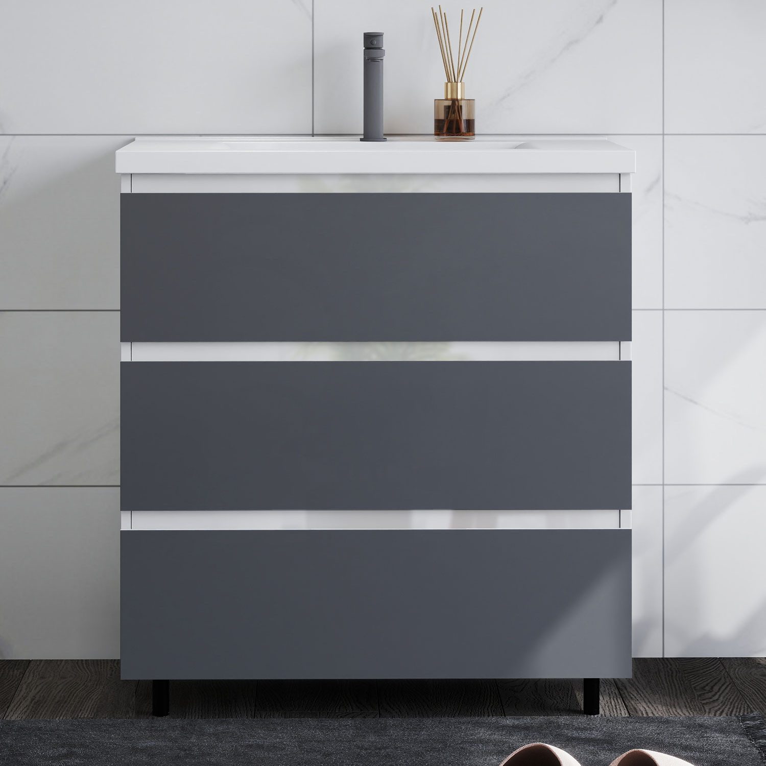 duschspa Waschtisch Badmöbel Set Waschbecken mit Unterschrank Badezimmer Möbel Schrank (Hängeschrank, mit Schrankfüße), 80/100cm breit