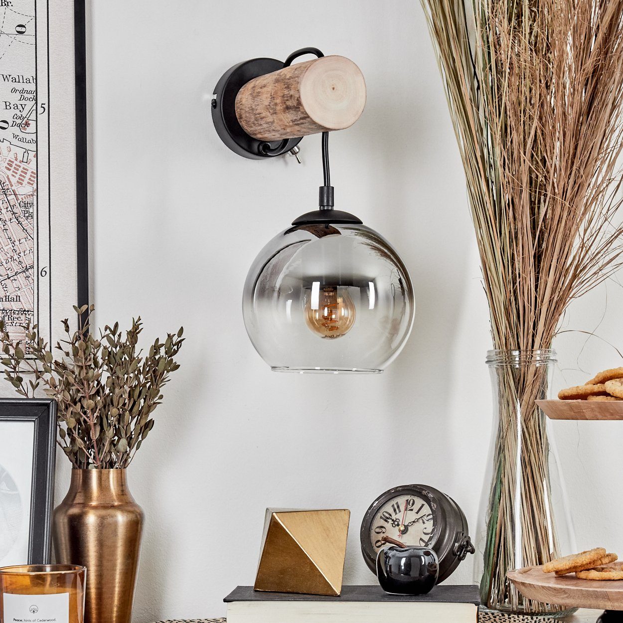 hofstein Wandleuchte Wandlampe aus Metall/Holz/Glas in Schwarz/Natur/Rauch/Klar, ohne Leuchtmittel, Leuchte mit Glasschirmen (15cm) u. Schalter, 1xE27, ohne Leuchtmittel