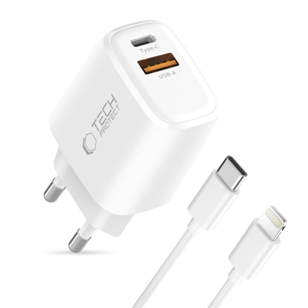 TECH PROTECT NCA20 USB-Ladegerät (Ladegerät mit Kabel, Wandladegerät mit USB-C-/iPhone-Kabel 100 cm, Kompaktes Dual-Ladegerät mit Schnellladefunktion und Kabel)