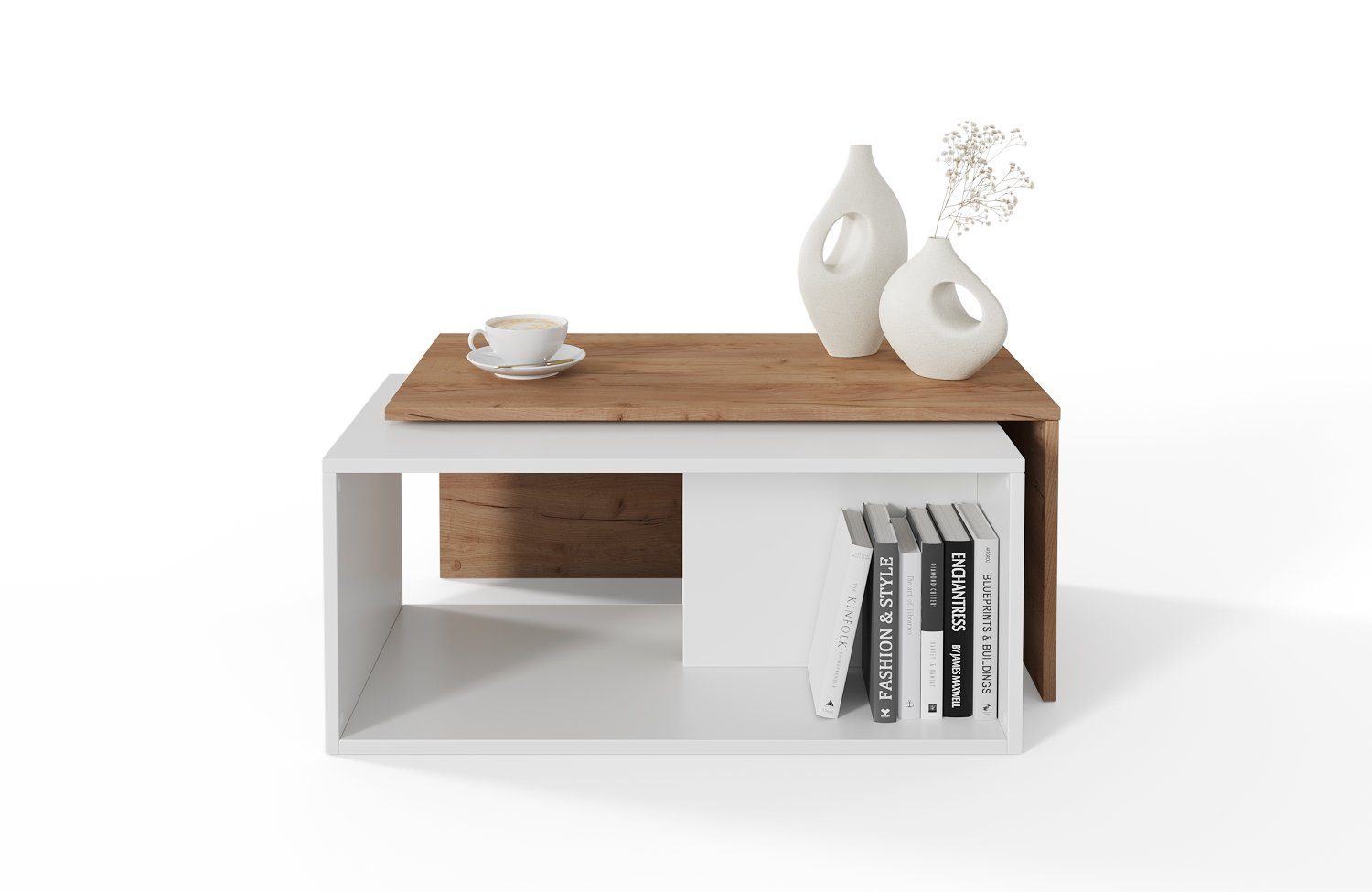 modern, Sofatisch Set), Room Eiche/Weiß Couchtisch mit (2er Platan Stauraum, Kaffeetisch Wohnzimmertisch 90x48x40 Satztisch cm