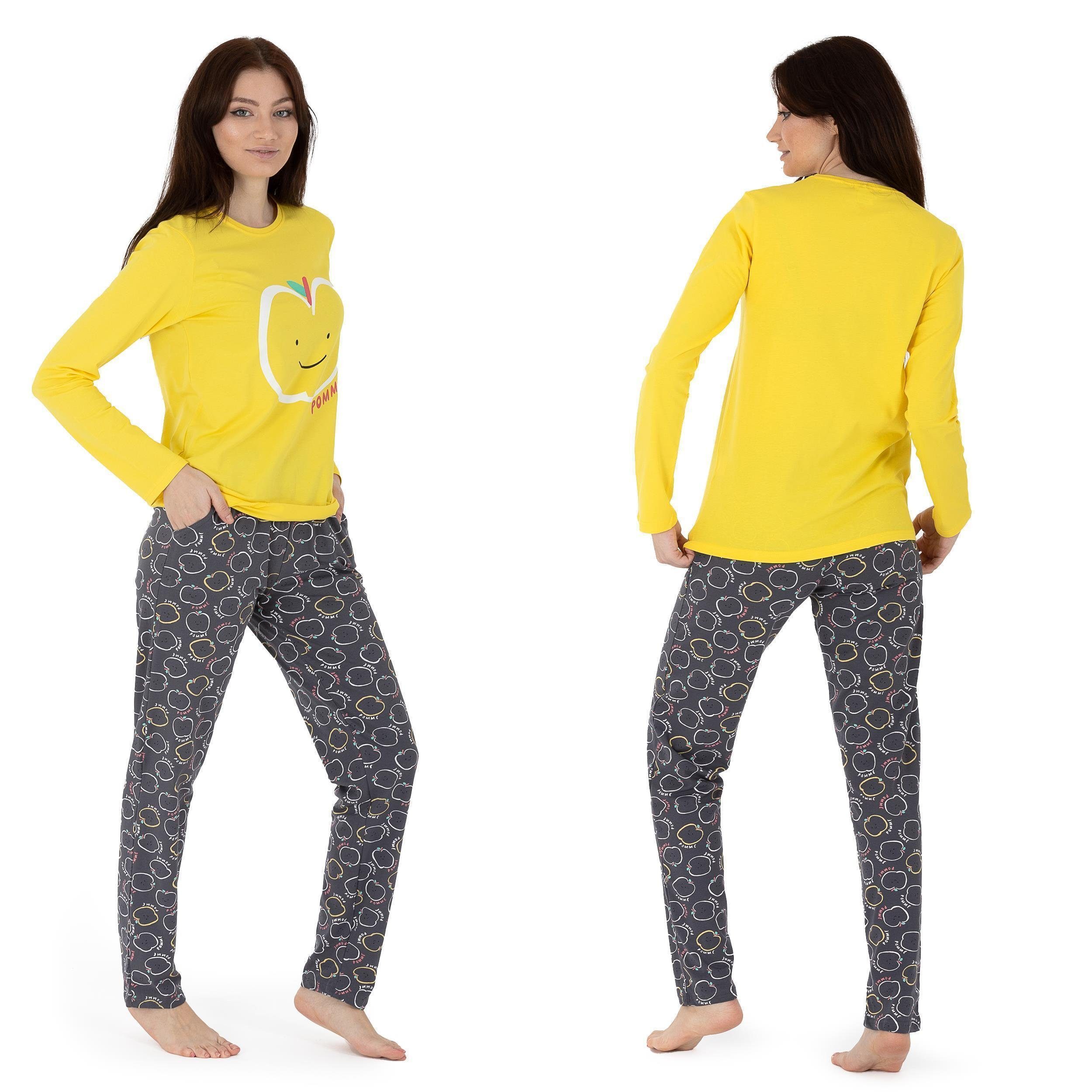 LOREZA Schlafanzug Damen Pyjama Set zweiteiliger Schlafanzug Hausanzug Nachtwäsche langar (Set, 2 tlg) Gelb