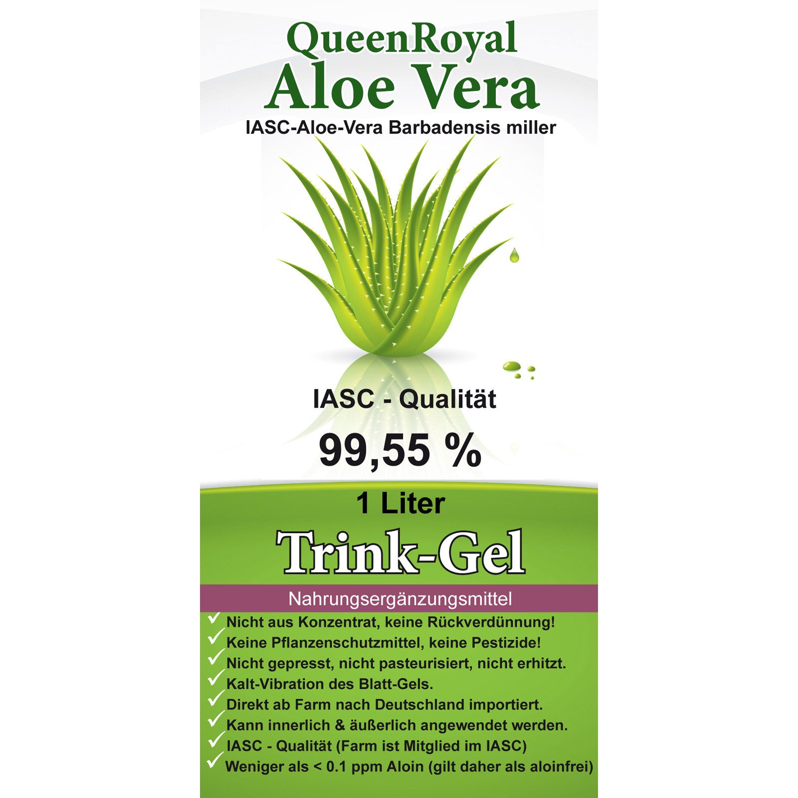 QueenRoyal Aloe Vera 99.55 % Natur pur Barbadensis Miller Getränk Blattgel Trink Gel, 1000 ml, Art .30255 G