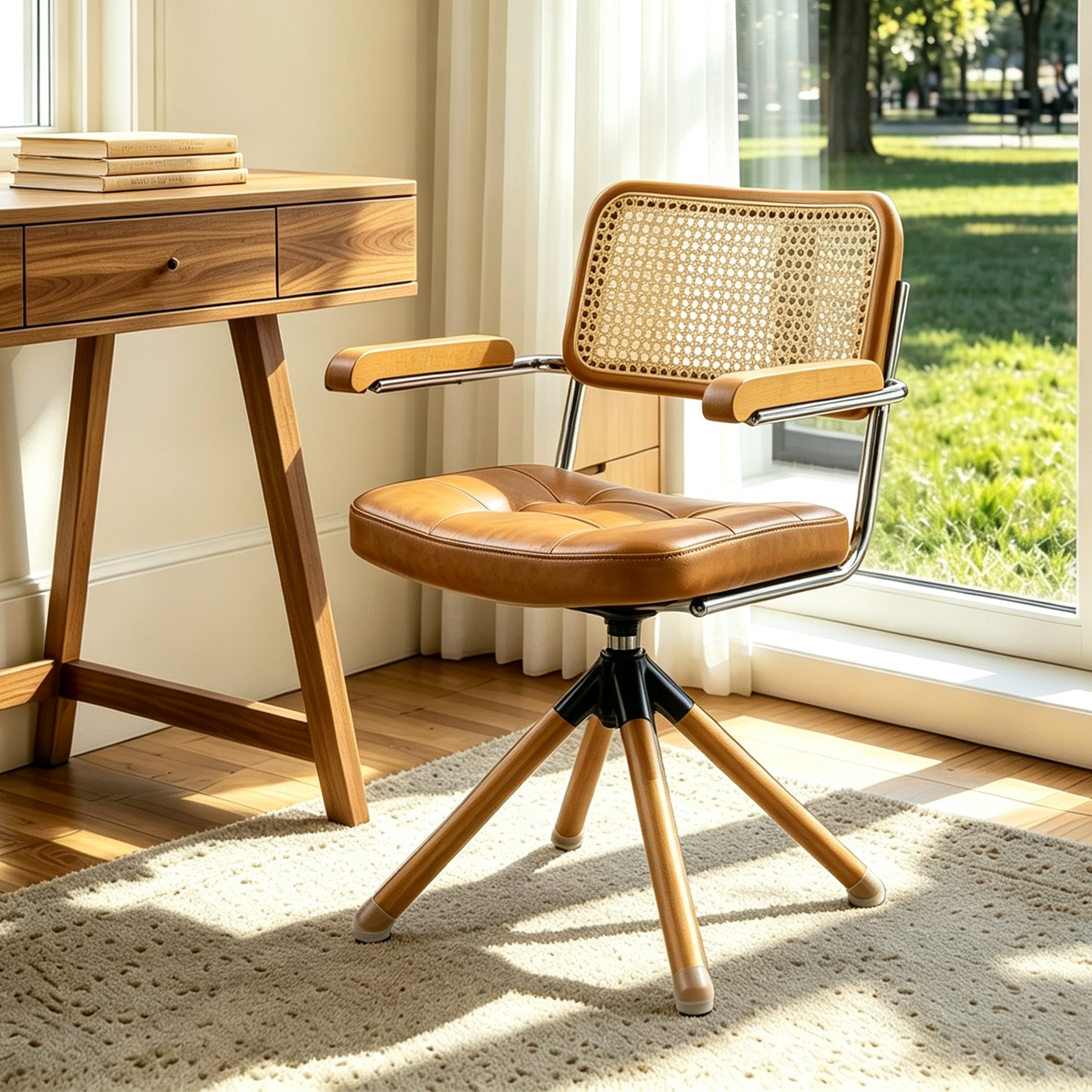 Art Leon Esszimmerstuhl CC058-New (Bürostuhl ohne Rollen, Rattanstuhl Esszimmerstuhl Mid‑Century Modern Drehstuhl mit Buchenholzbeinen, Kunstleder gepolsterter Akzentsessel mit Wiener Geflecht, für Home Office Wohnzimmer, Braun/Grün/Schwarz, 1 St), Kunstl