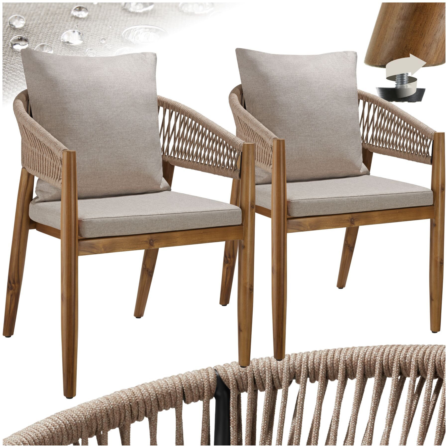 tectake Gartenstuhl Outdoor-Sessel Akazienholz, Rope-Design, wetterfest, Kissen, 120 kg (Freizeitstuhl Manacor, 2 St), wasserabweisende, abnehmbare Polyesterbezüge, höhenverstellbare Füße