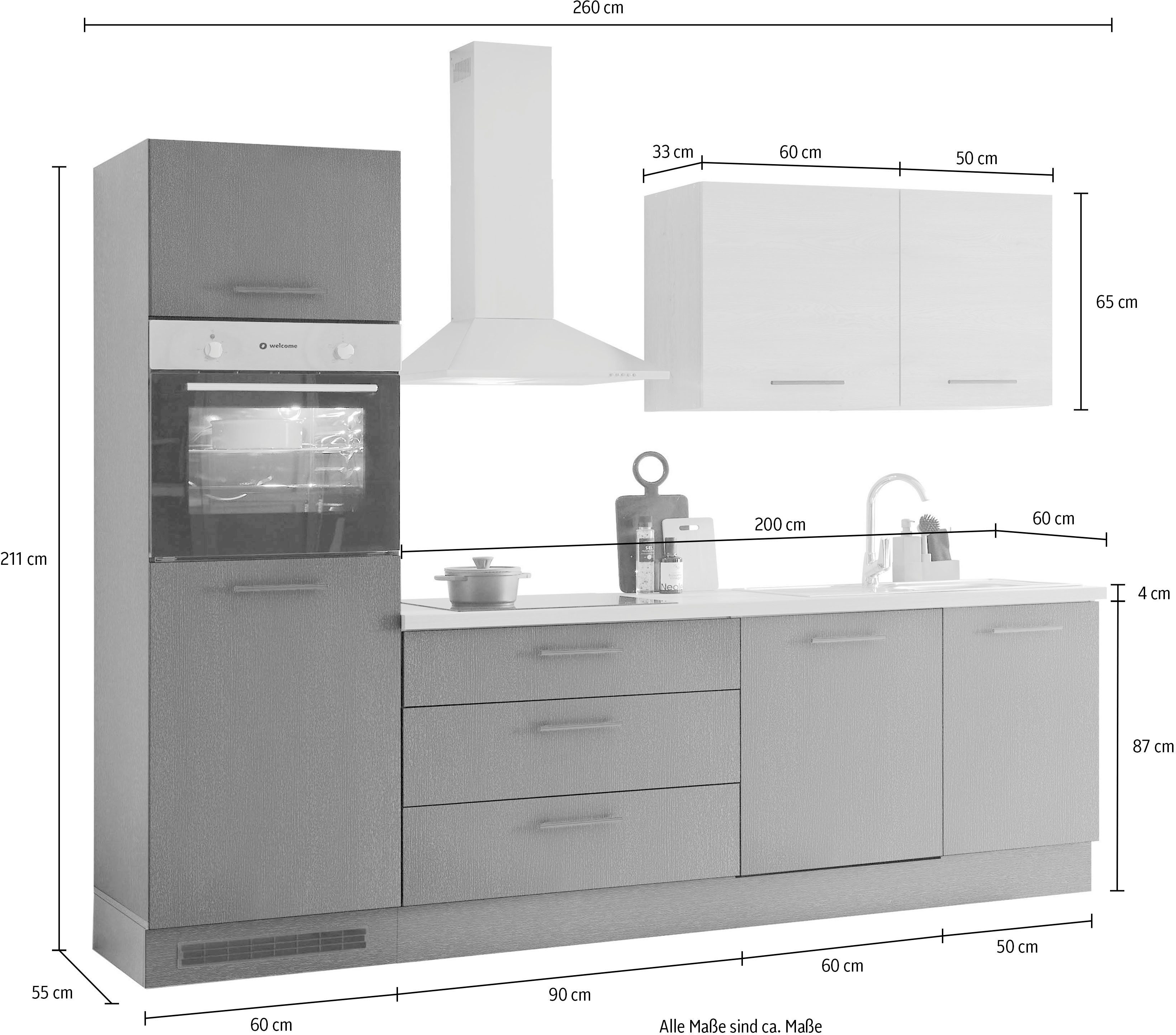 KOCHSTATION Küchenzeile KS-Malfi, Breite 260cm, wahlweise mit E-Geräten, Arbeitsplatte 38mm Stärke