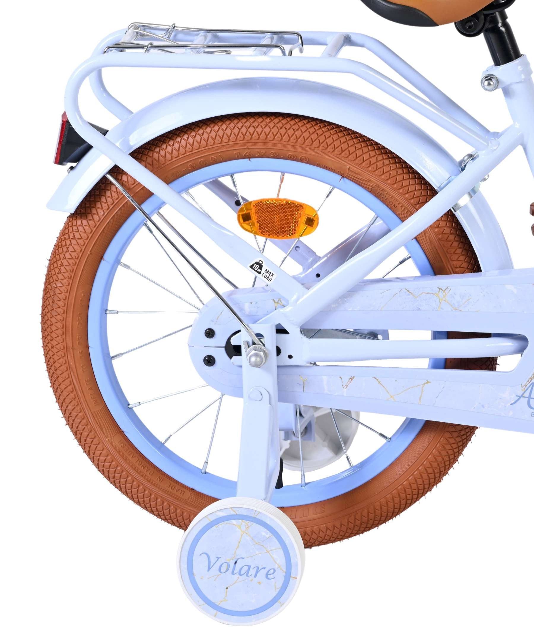 Volare Kinderfahrrad Ashley Mädchen 16 Zoll in Blau mit Korb und abnehmbaren Stützrädern, Rücktrittbremse und Handbremse, geschlossener Kettenschutz