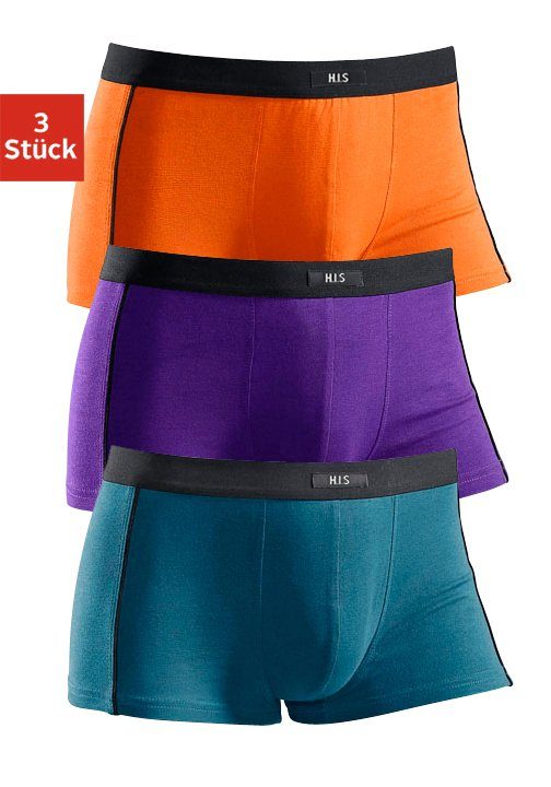 H.I.S Boxershorts (Packung, 3-St) in Hipster-Form mit schmalen Piping orange-lila-petrol